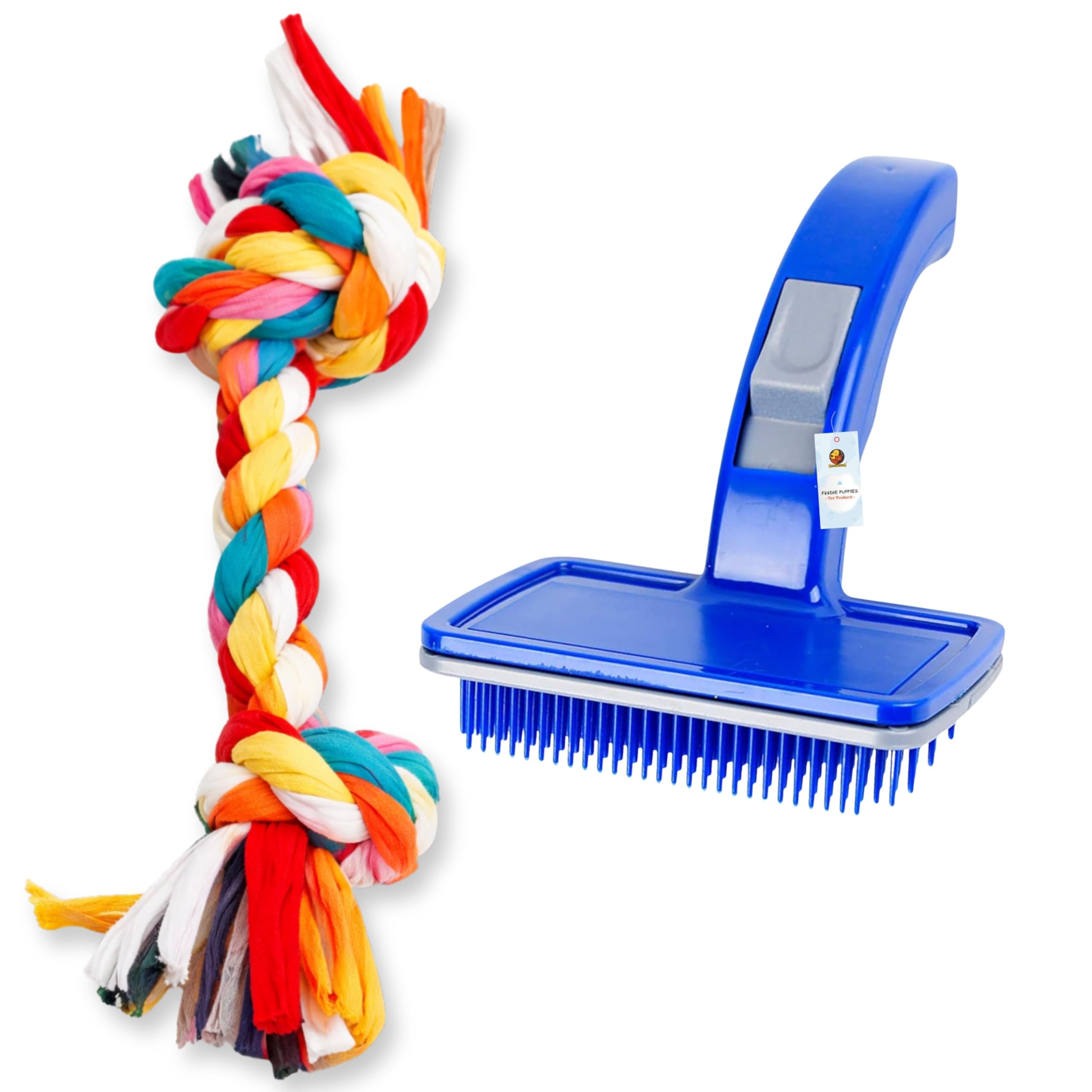 Foodie Puppies Dog Plastic Slicker Brush With Press Key + Durable Dog Chew Rope Toy For Small To Medium Dogs  Interactive Teeth