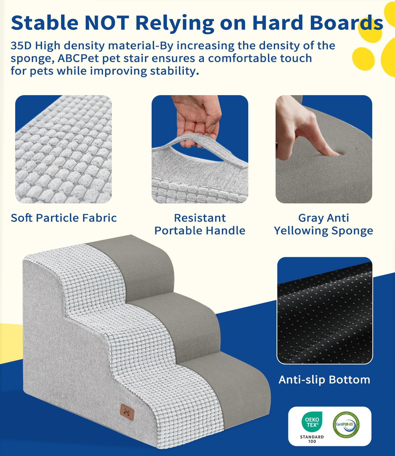 ABCPET Dog Stairs for Small Dogs, 15.7 H Dog Steps for Bed 35D Strong Support Foam Stairs for High Bed or Couch Sofa Non-Slip Ba
