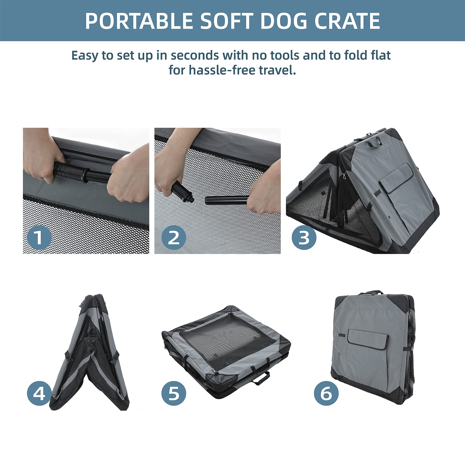 Pettycare 36 Inch Collapsible Crate For Large Dogs, 4-Door Foldable Soft Kennel With Chew Proof Mesh Windows For Indoor & Outdoor Travel