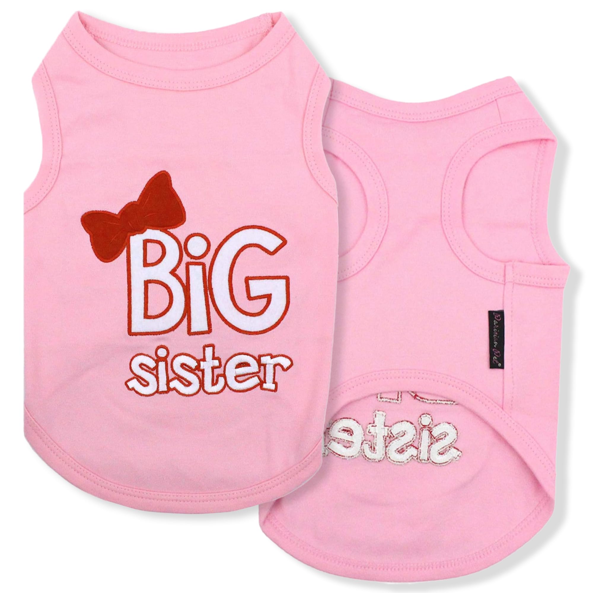 Parisian Pet Dog T-Shirt With Embroidered ' Big Sister ' - Breathable Big Sister Dog Shirt - Sleeveless Pet Vest - Machine Washable Pink Dog Shirts For Small Dogs, S