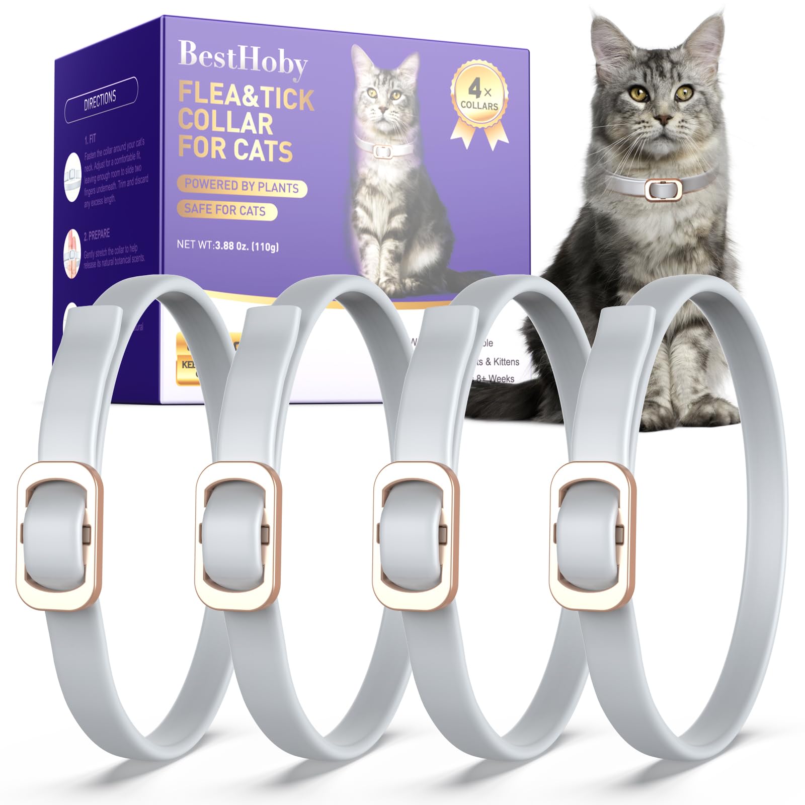 Flea and Tick Collar for Cats (4 Pack), Plant-Powered with Natural Essential Oils, Water-Resistant, Adjustable for All Cats & Ki
