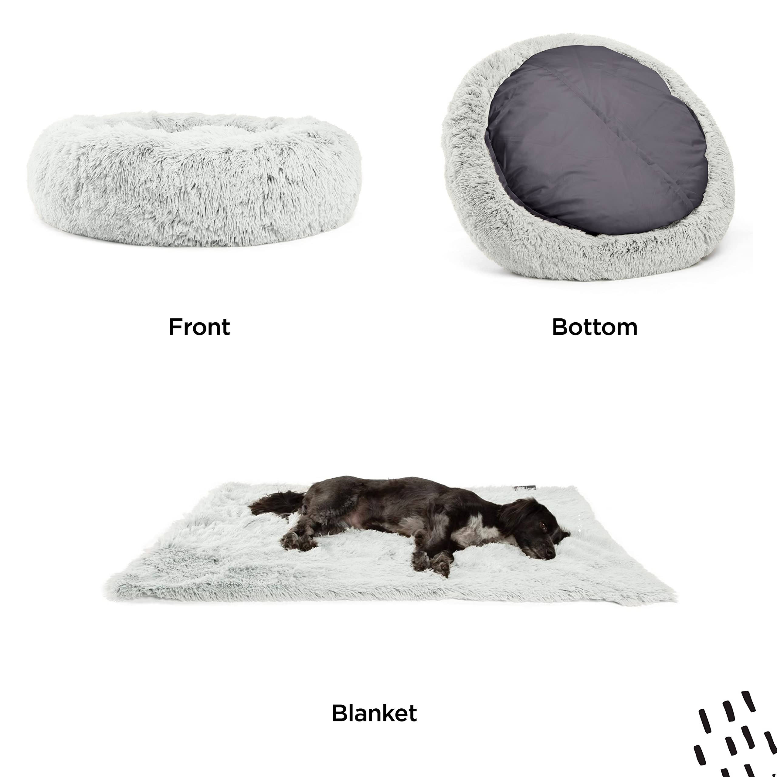Best Friends by Sheri Bundle Set The Original Calming Shag Donut Cuddler Cat and Dog Bed + Pet Throw Blanket, Frost, Extra Large