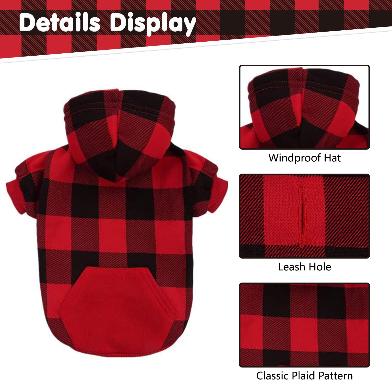 Plaid Dog Hoodie Pet Clothes Sweaters With Hat Red X-Small (Pack Of 1)