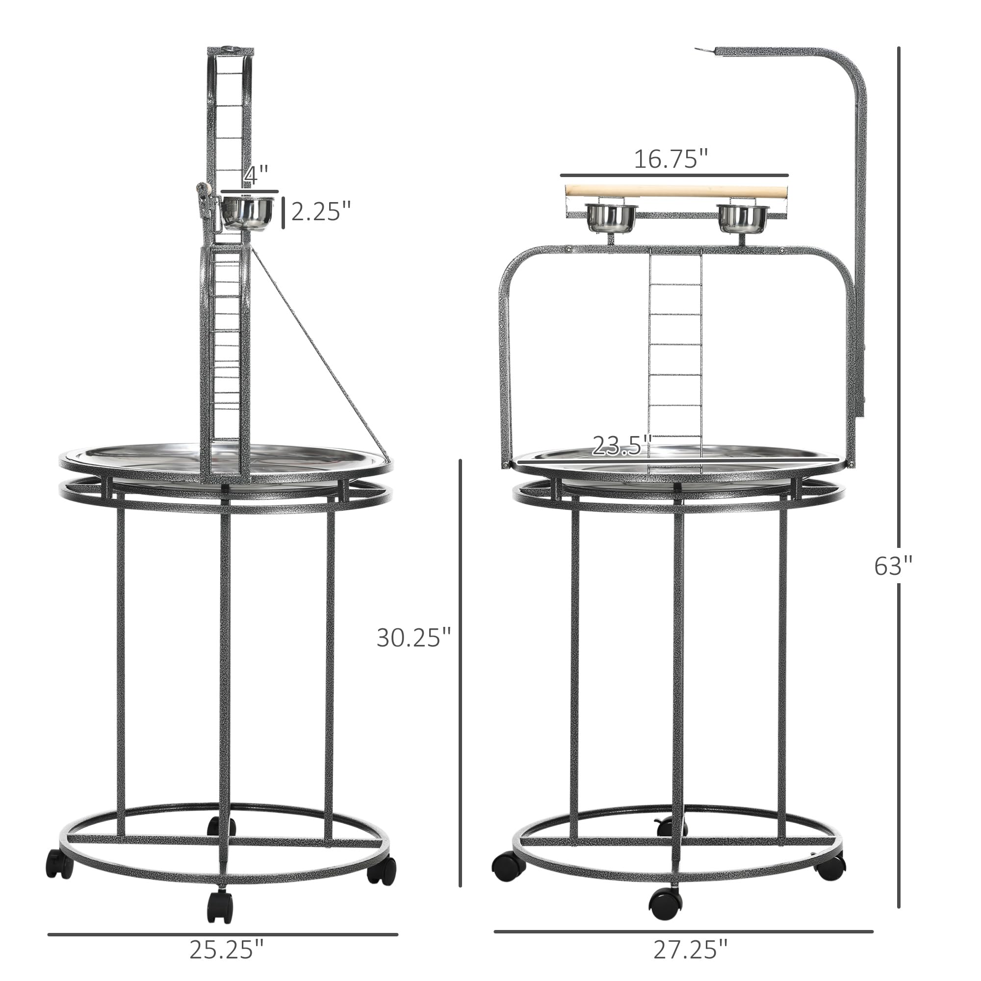 PawHut Large Parrot Stand - Wooden Bird Perch with Toy Hook & 3 Ladders, Dark Grey, Easy Grip, Stainless Steel