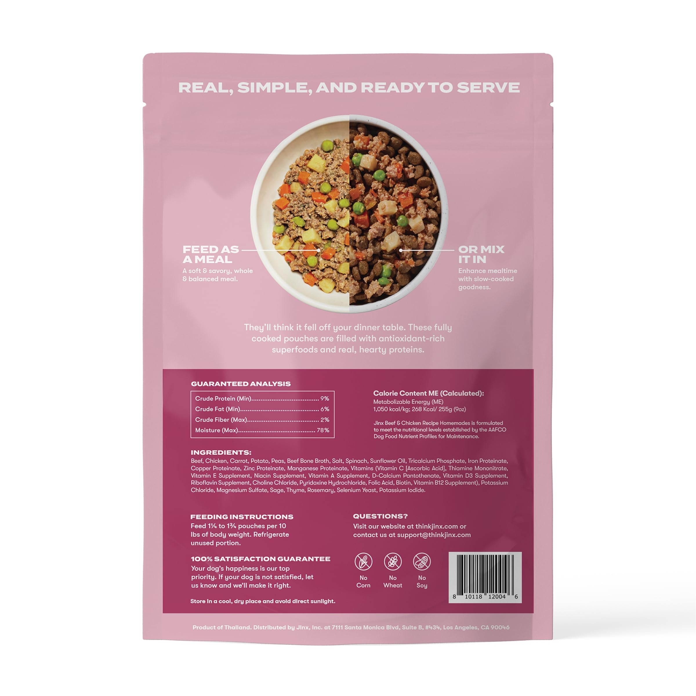 Jinx Beef Grain Free Wet Dog Food Pouches, Meal or Dog Food Topper Mix-in, Made with Real Beef & Chicken, Bone Broth, No Fillers