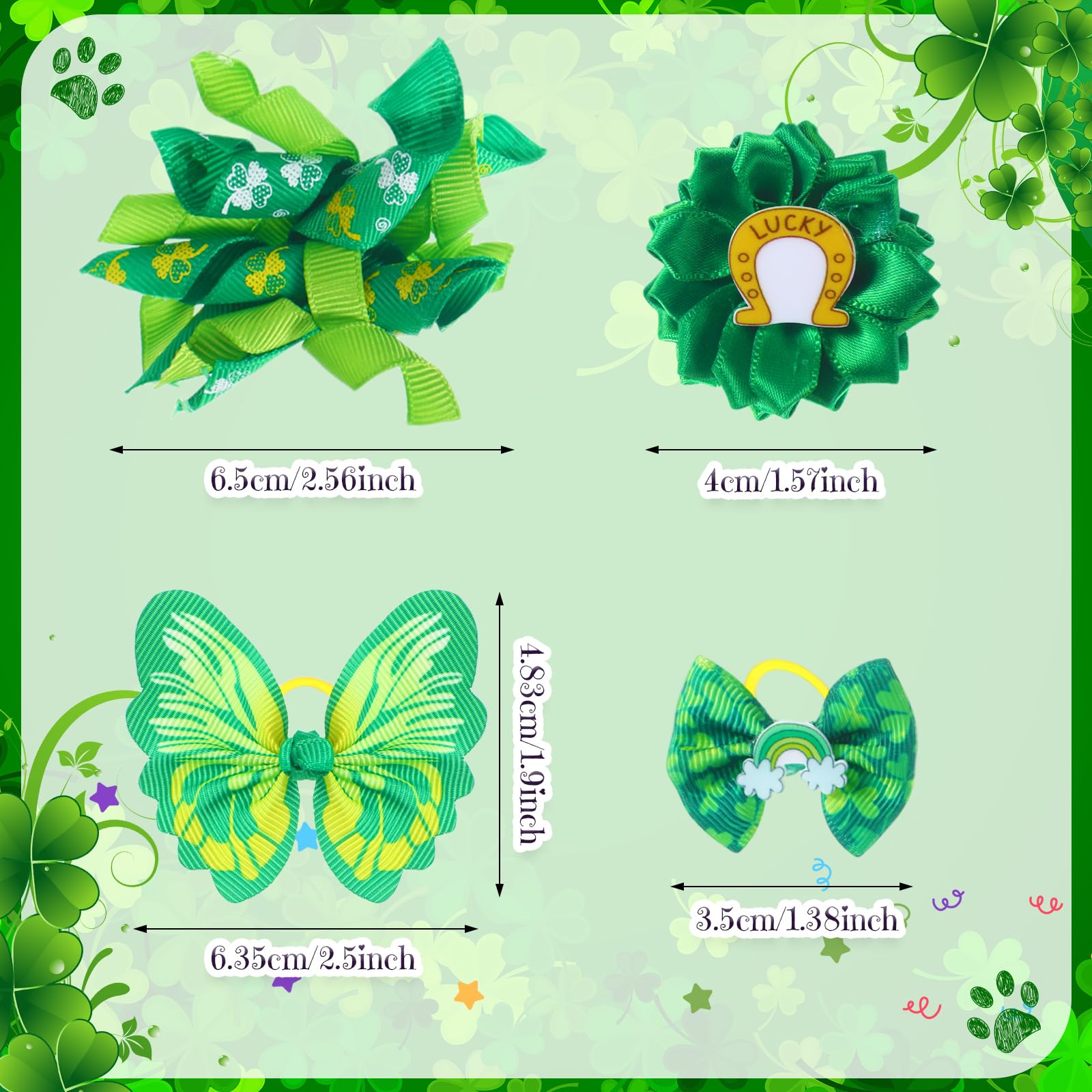 Wavwavw 52 Pieces St Patrick'S Day Bulk Dog Hair Bows With Rubber Bands St Patrick'S Day Dog Grooming Shamrock Bows Holiday Iris