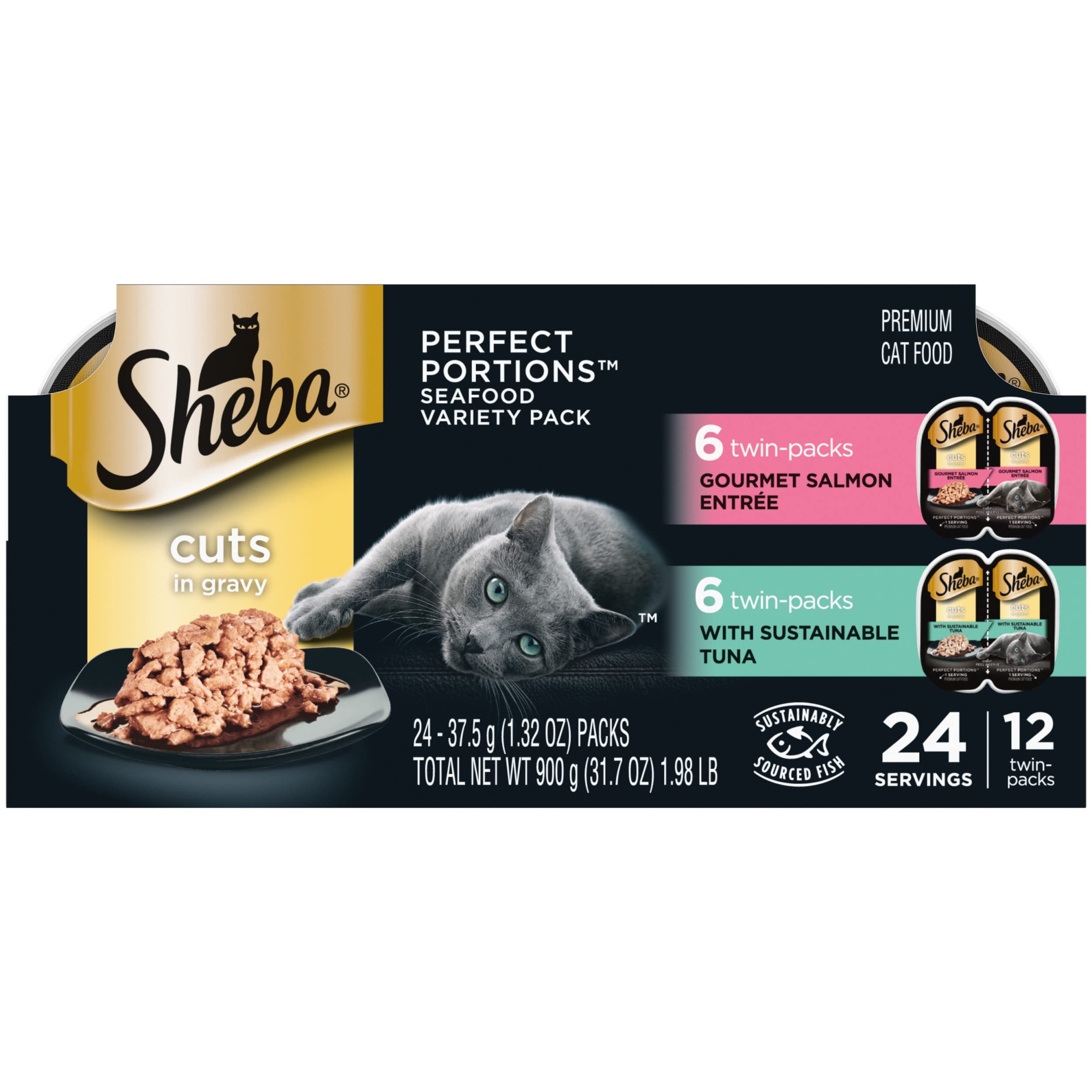 Sheba Perfect Portions Wet Cat Food Cuts in Gravy Variety Pack, with Sustainable Tuna, and with Sustainable Salmon, 2.6 oz., Twi