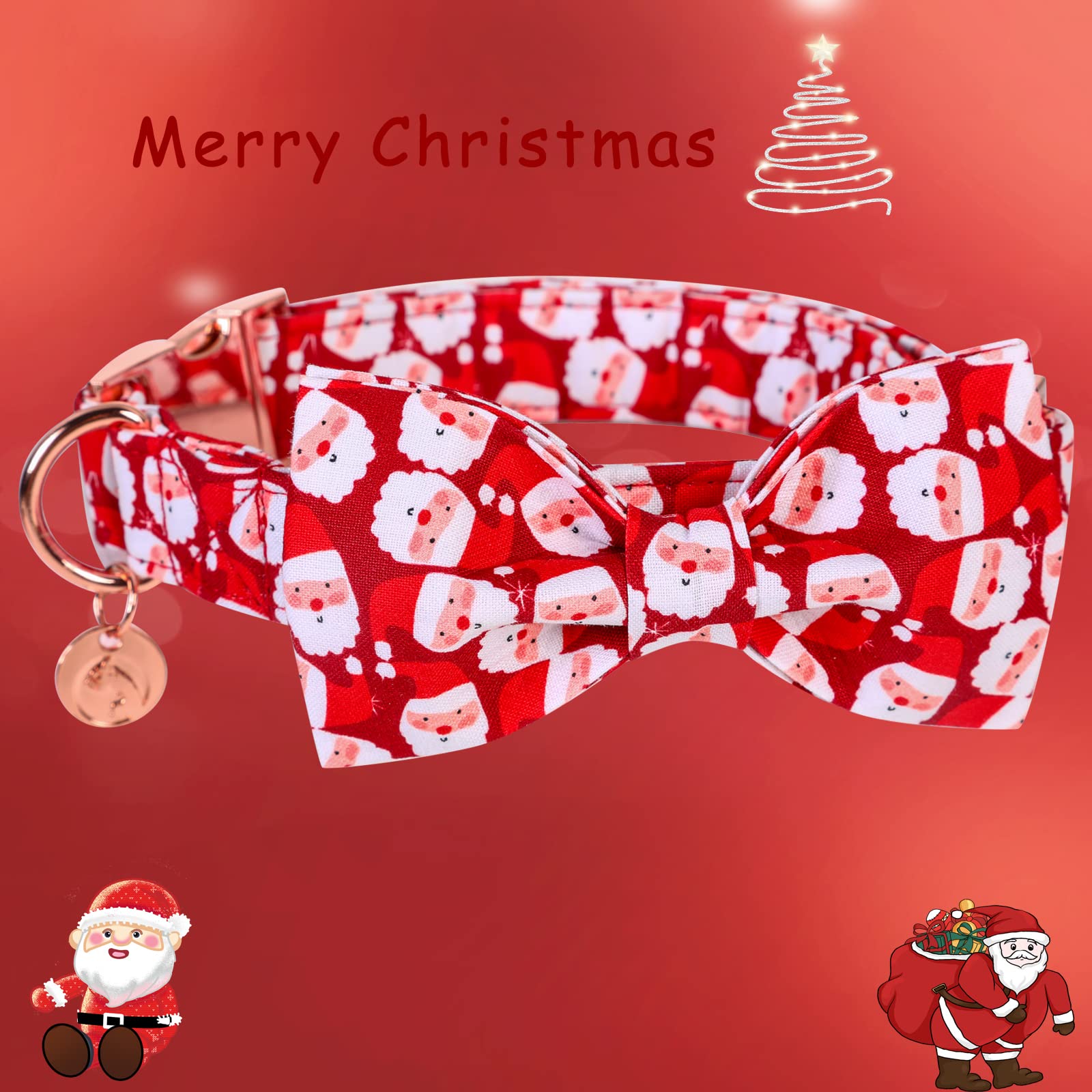 Dogwong Christmas Dog Collar With Bow Tie, Red Santa Claus Dog Collar Soft Durable Adjustable Cotton Puppy Collar For Small Medi