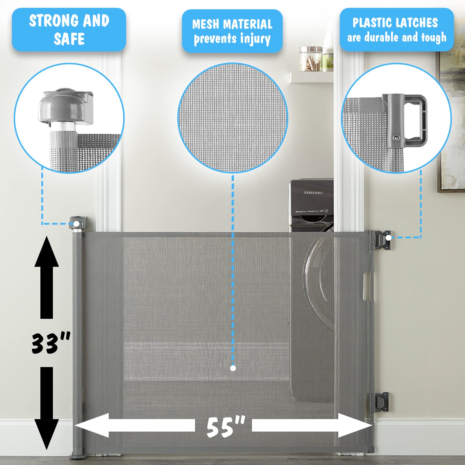 Cumbor Baby Gate Retractable Gates for Stairs, Mesh Dog Gate for The House, Wide Pet Gate 33'' Tall, Extends to 55'' Wide, Long