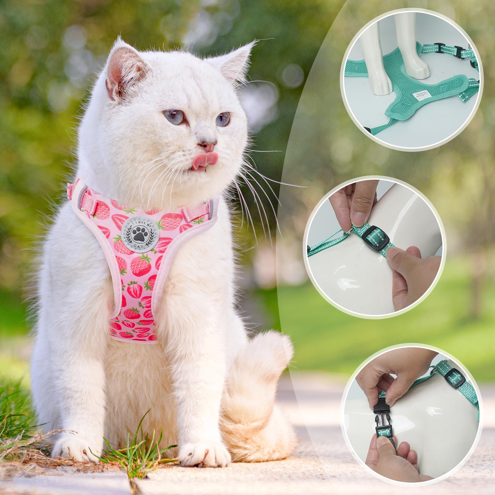 BEAUTYZOO Cat Harness and Leash Set, Soft Mesh, Escape Proof, Adjustable, S (Chest: 11 - 16"), Strawberries Pink for Kittens and Small Cats