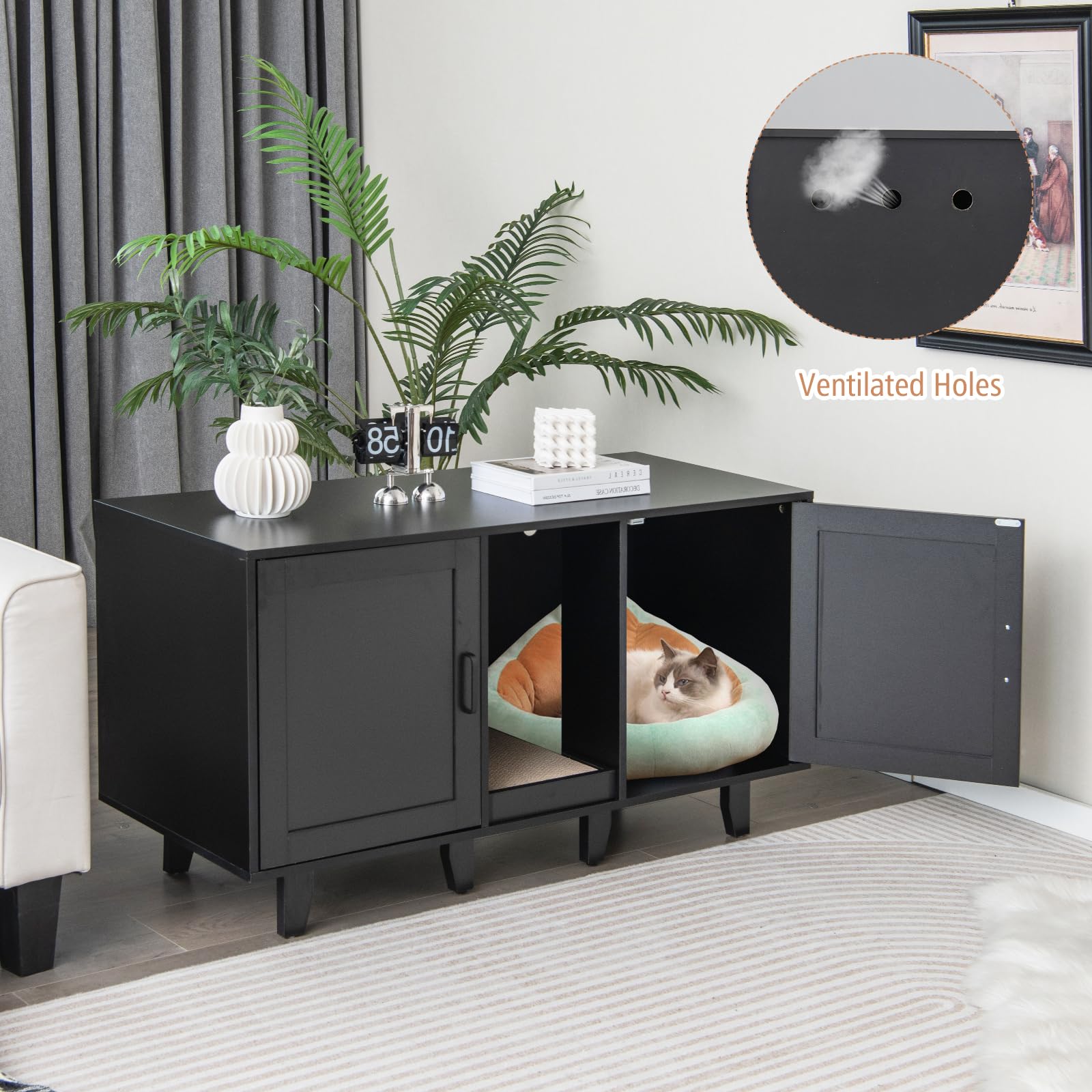 Petsite Litter Box Enclosure For 2 Litter Boxes, Hidden Cat Washroom Tv Stand End Table With 2 Cabinet, Scratching Board, Indoor