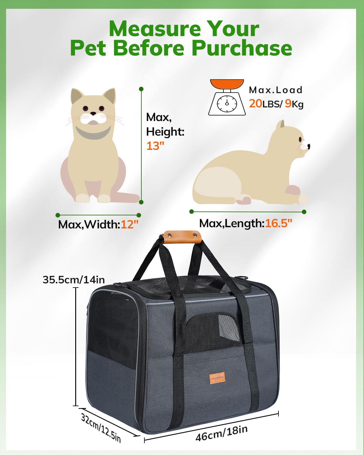 Morpilot Large Cat Carrier - Soft Sided Cat Carrier Large For Big Medium Cats And Puppy Up To 20Lbs, Pet Carrier With Safety Zippers, Foldable Bowl, Pet Travel Carrier Bag - Dark Gray Large