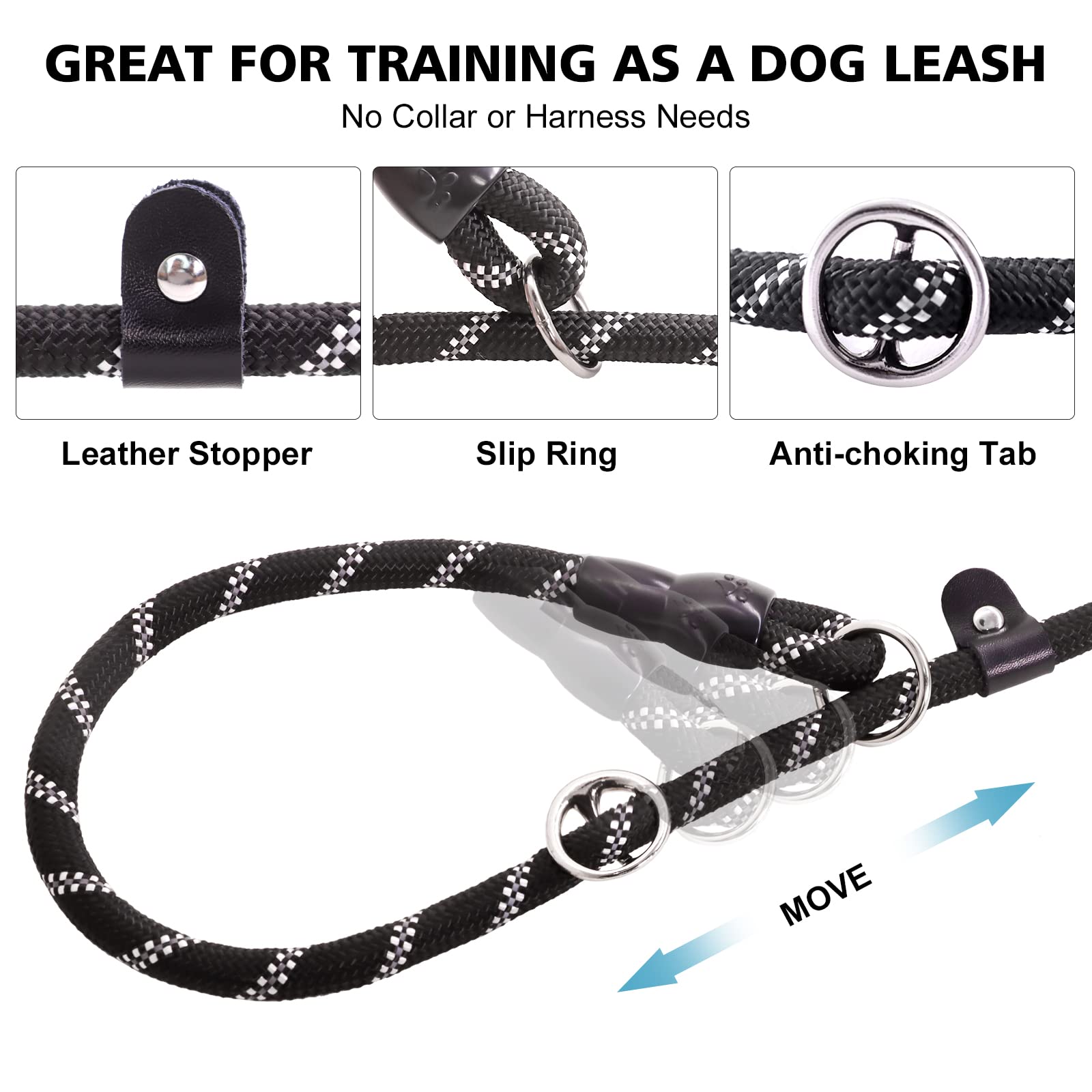 Betmaypet Slip Lead Dog Leash - 4/5/6 FT With Comfortable Handle - Reflective & Heavy Duty Rope for Training (1/2''- 5FT, Grey)