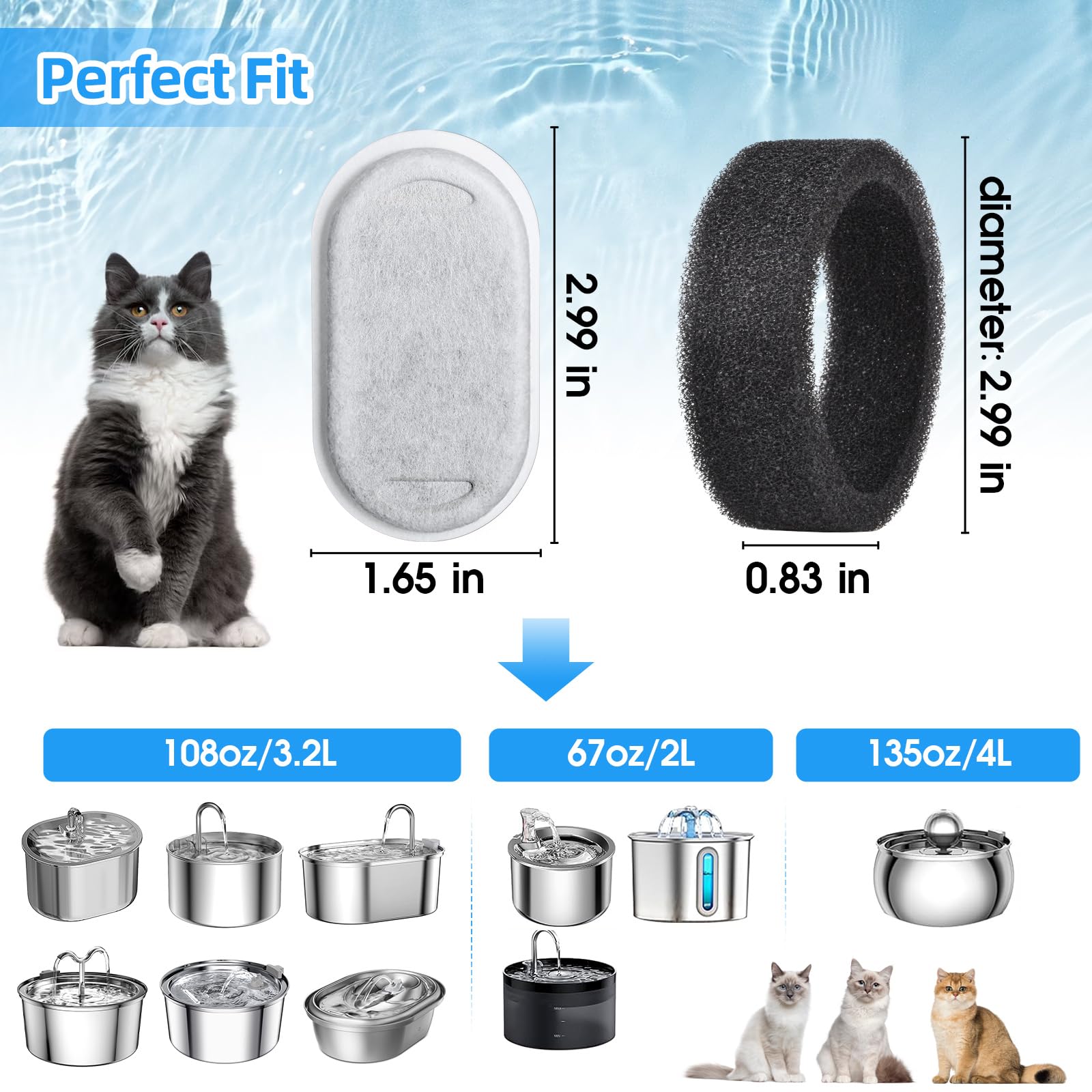 Eyehoce 40 Pack Cat Water Fountain Filters - Replacement Filters for Stainless Steel Pet Fountains, Includes 20 Sponges, Adjustable Flow, Black