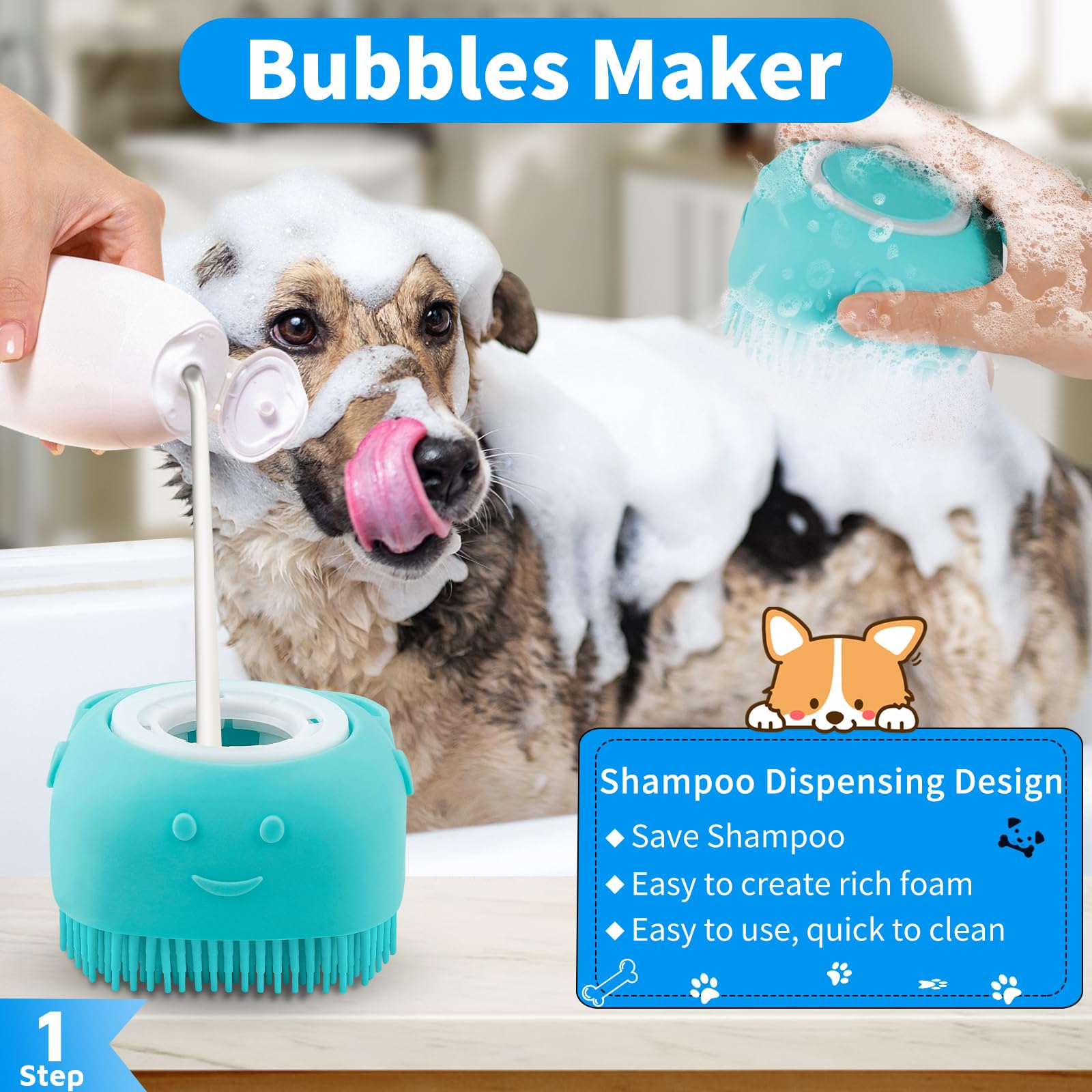 Comotech 3PCS Dog Bath Brush  Dog Shampoo brush  Dog Scrubber for Bath  Dog/Grooming/Washing Brush Scrubber with Adjustable Ring