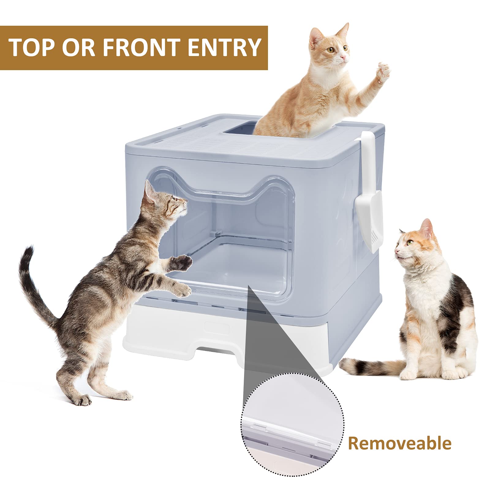 Panghuhu88 Foldable Cat Litter Box With Lid, Large Top Entry Cat Toilet, Enclosed Cat Potty Include Cat Litter Scoop, Drawer Type Easy Clean Cat Litter Pan (Grey, 20' L X 16' W X 15' H)