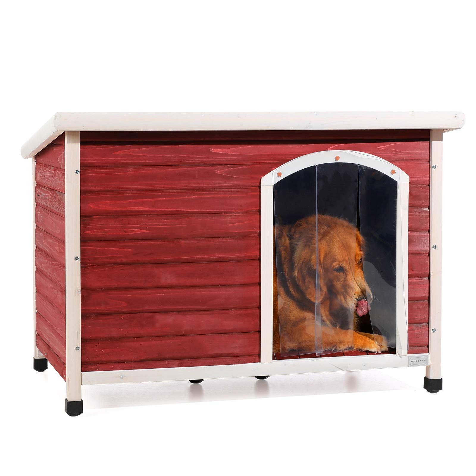 Petsfit Extra Large Dog House, Outdoor Wooden Dog House For Large Dogs, Red, 45.6'L X 31'W X 32'H