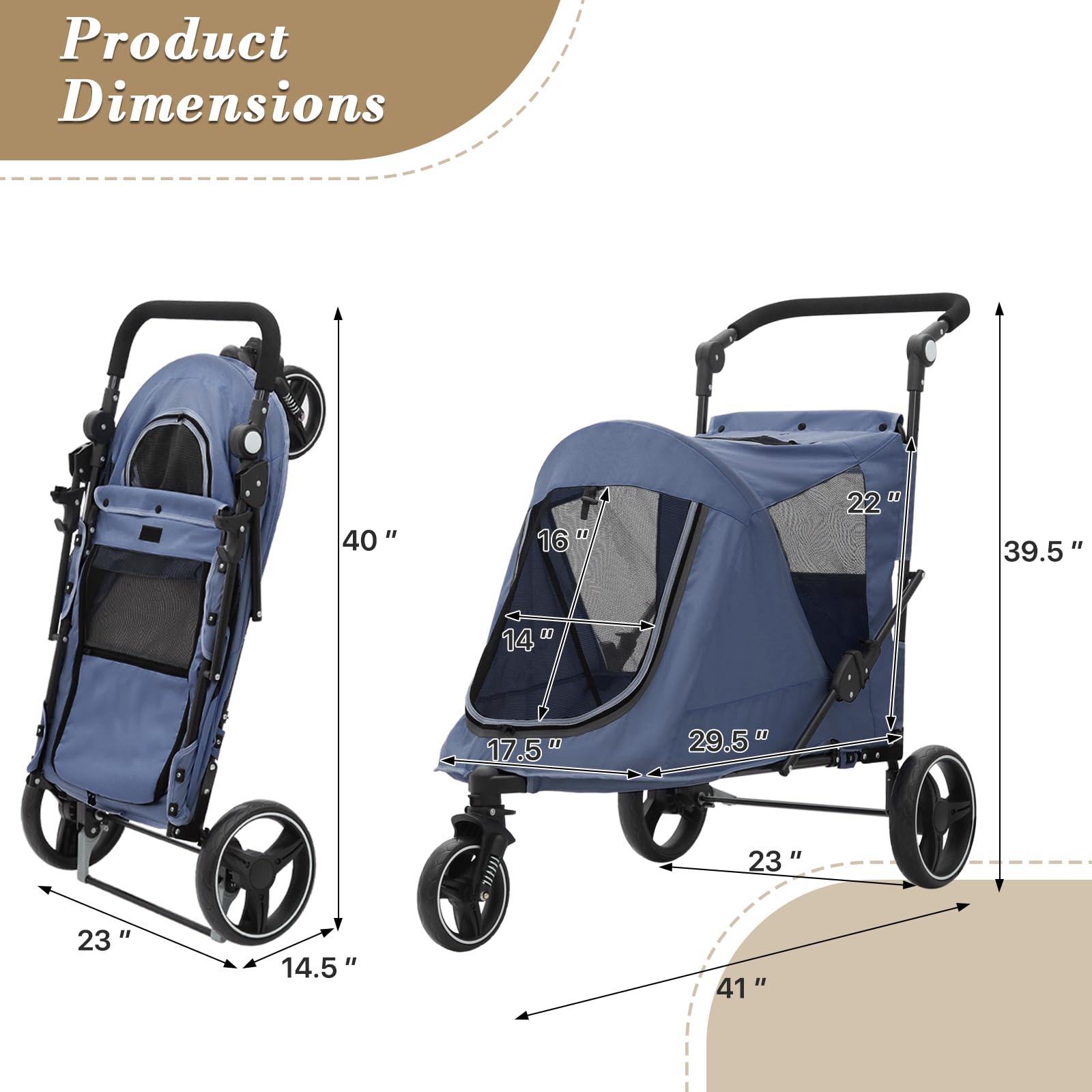 Athena Collection Pet Stroller for Large Dogs, 55 lbs, Navy Blue, Adjustable Handlebar, Mesh Windows, Model PS-AT-004NBA78