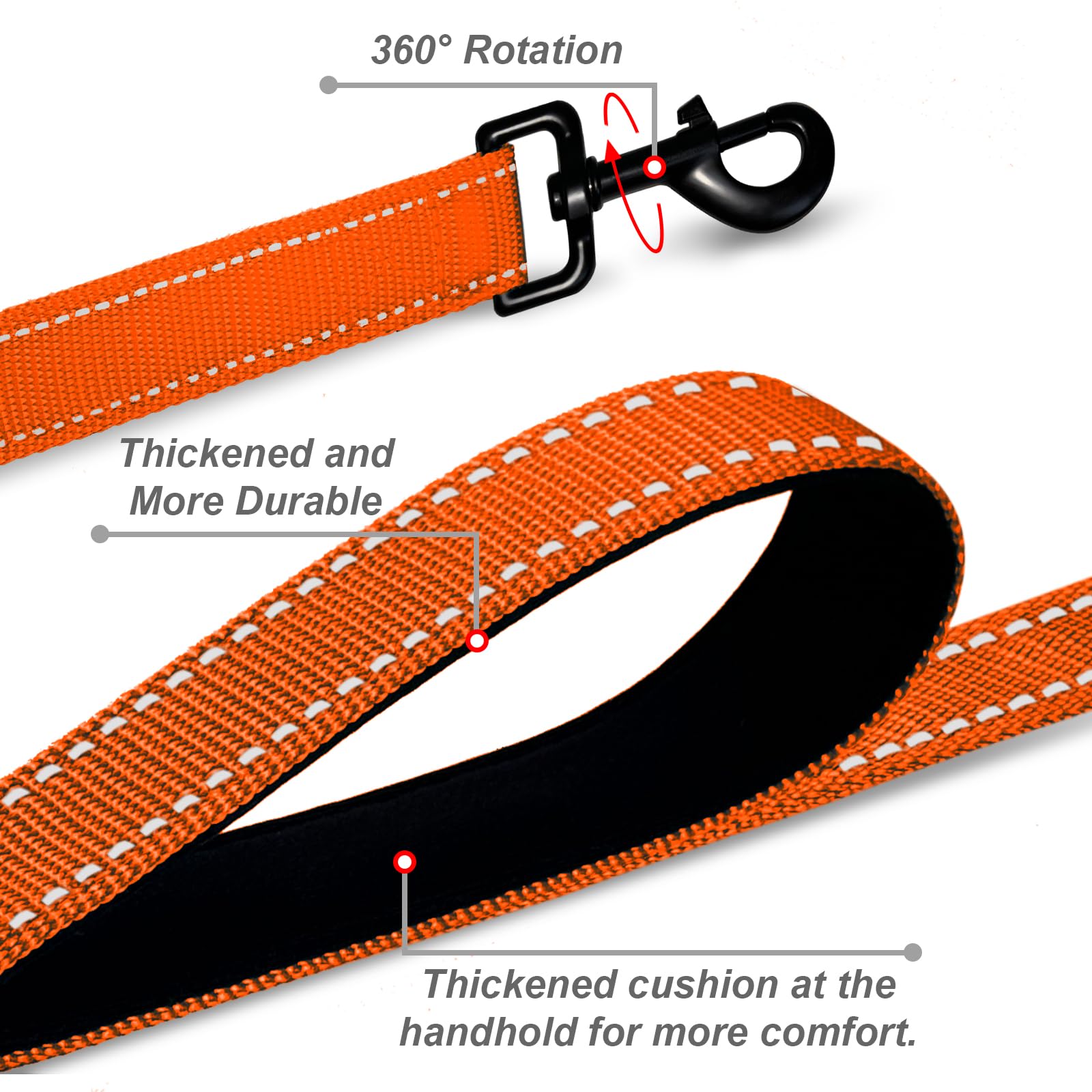 Heavy Duty Dog Leash For Large Dogs, Double-Sided Reflective, Padded Handle, Nylon Reinforced Buckle Collar, Orange, 6Ft