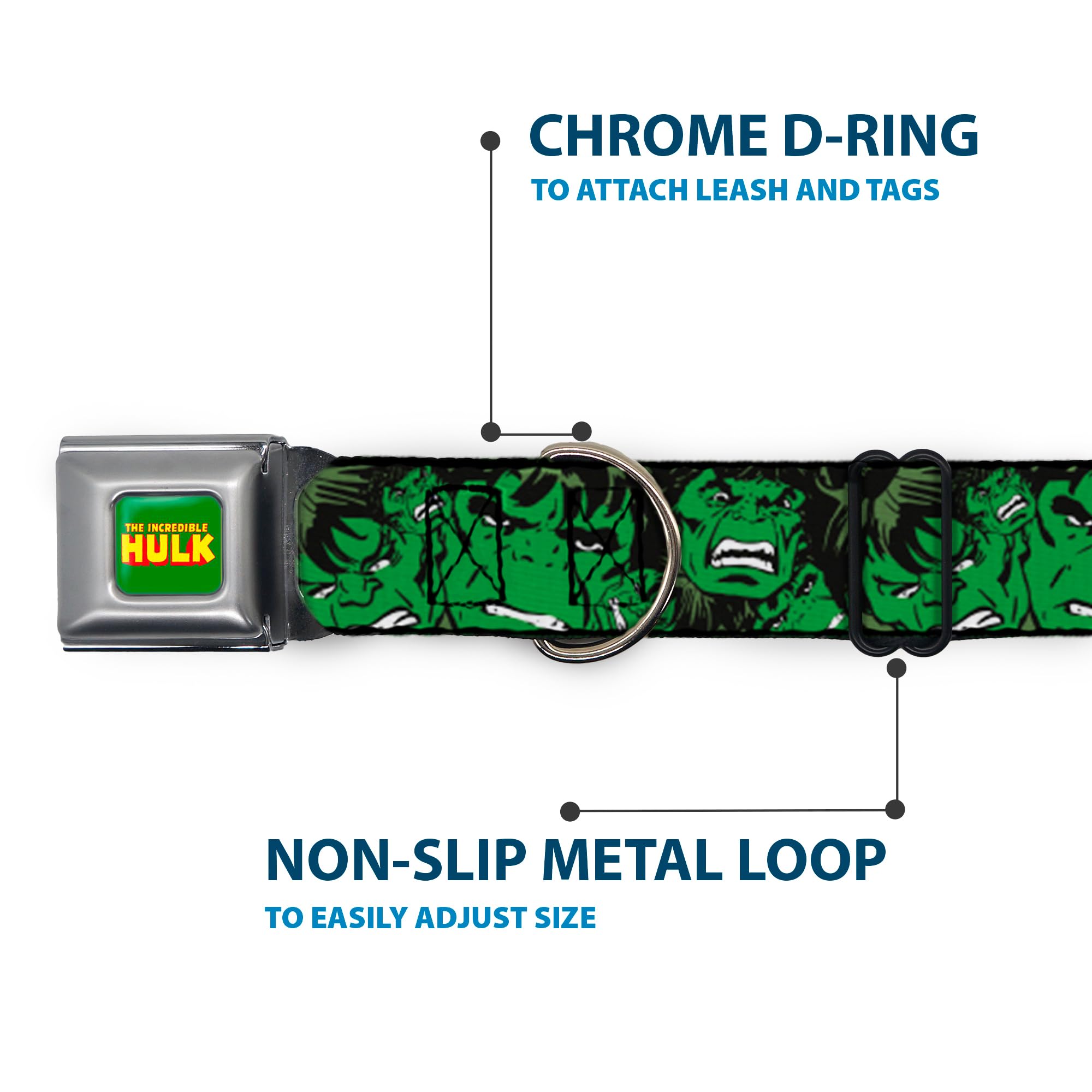 Buckle-Down Seatbelt Buckle Dog Collar - The Incredible Hulk W/Repeat Close-Up - 1.5' Wide - Fits 18-32' Neck - Large