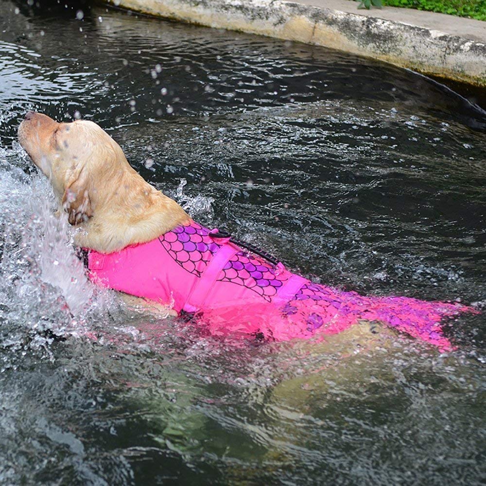 Queenmore Dog Life Jacket Ripstop Shark Dog Safety Vest Adjustable Preserver With High Buoyancy And Durable Rescue Handle For Small,Medium,Large Dogs, Pink Fish Medium