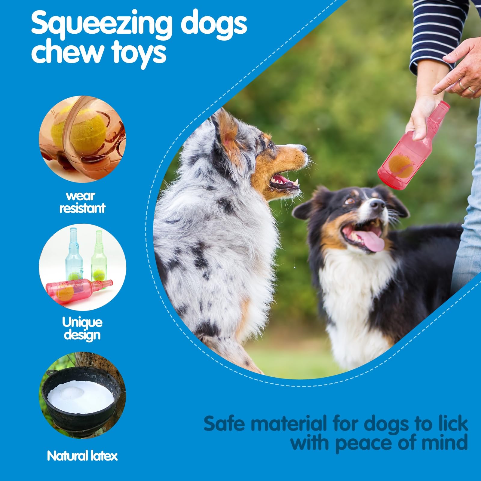 Cute Tough Dog Toy Rubber Bottle Squeaky Dogs Chew Toy Long Lasting Interactive Fetch Toy For Teething Tennis Ball Included (Blu