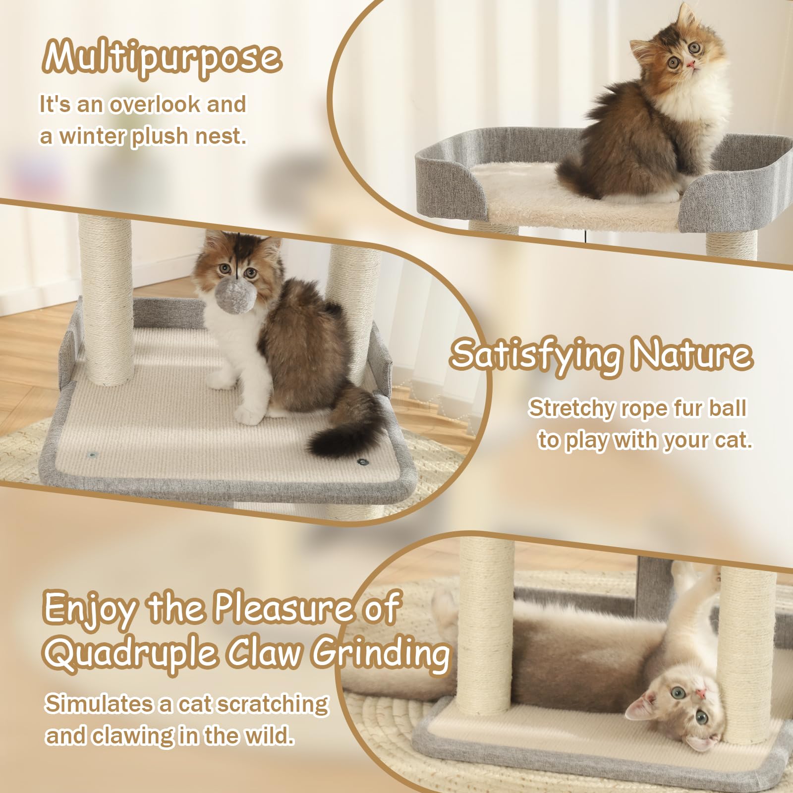 Durable Cat Scratching Post With Bed, Multi-Level 27.56In Cat Tree With Scratching Posts Of Natural Sisal, All-Season Cat Tree F