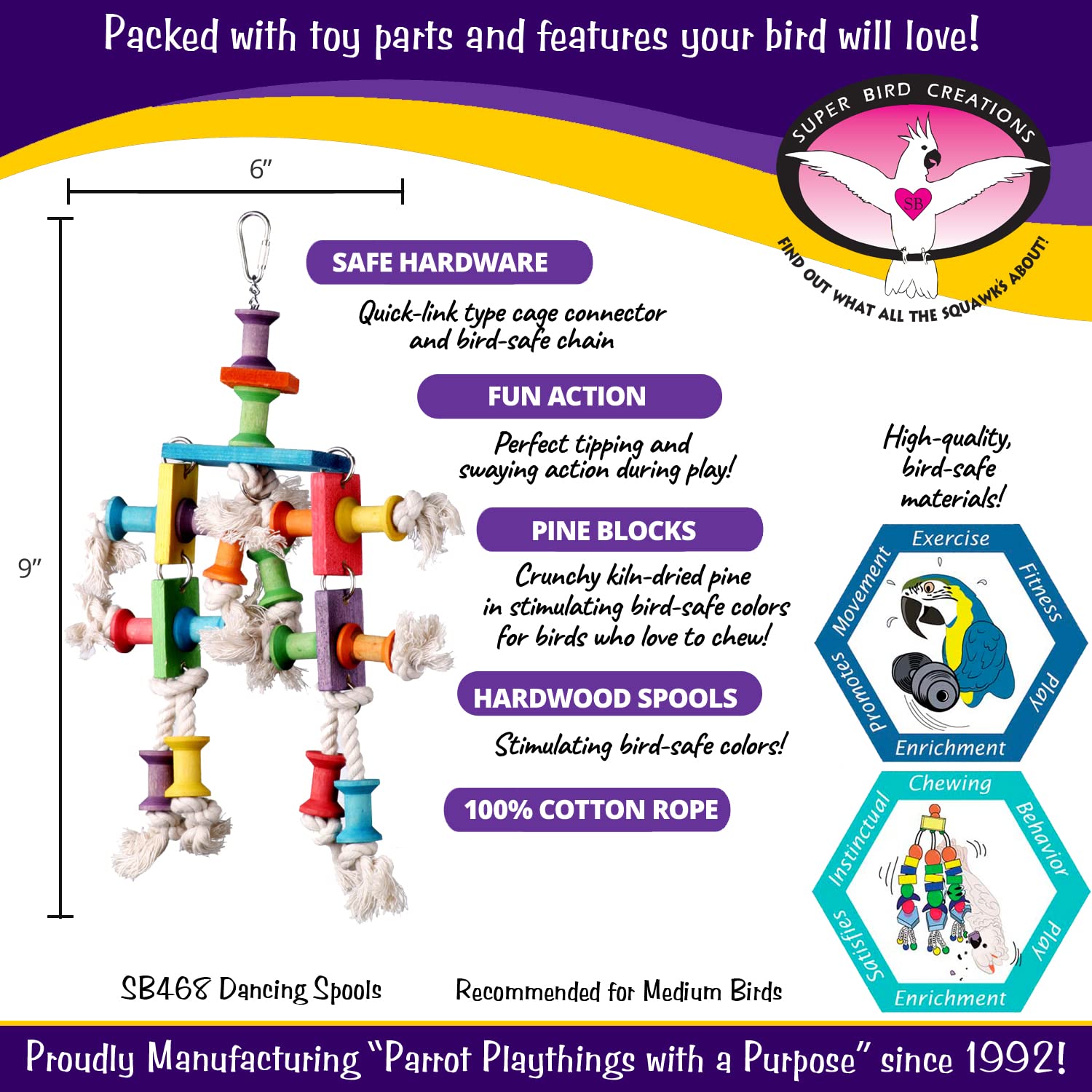 Super Bird Creations Sb468 Dancing Spools Bird Toy With Colorful Wooden Spools And Cotton Rope - Ideal For Ringnecks, Parrots, Quakers - Preening And Chewing Toy - Medium Bird Size - 13' X 8' X 2'