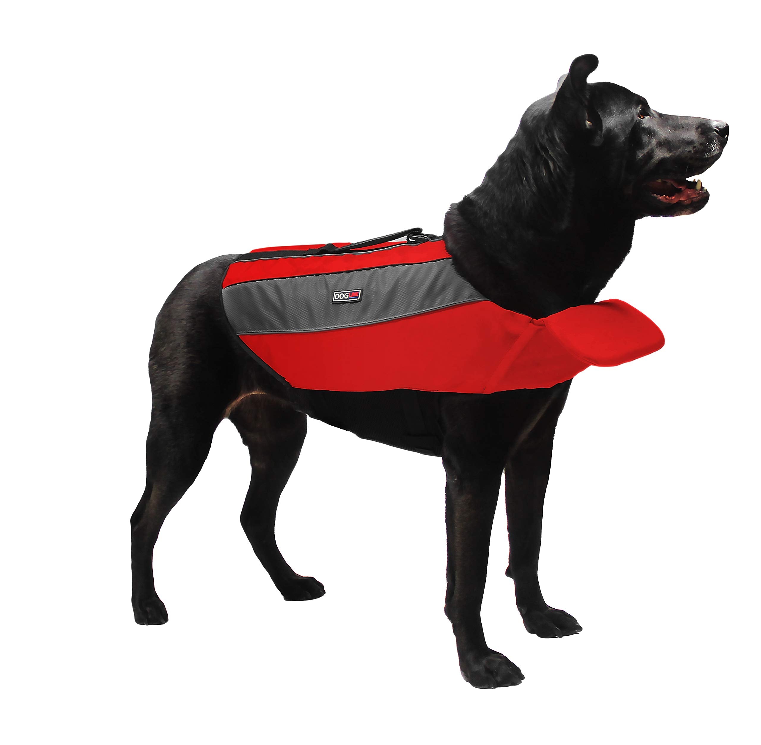 Dogline Dog Life Jacket – Dog Life Vest For Swimming And Boating In Hi-Viz Colors With Reflective Strips Mesh Underbelly For Draining And Drying And Top Carry Handle 26 To 34' Girth Red