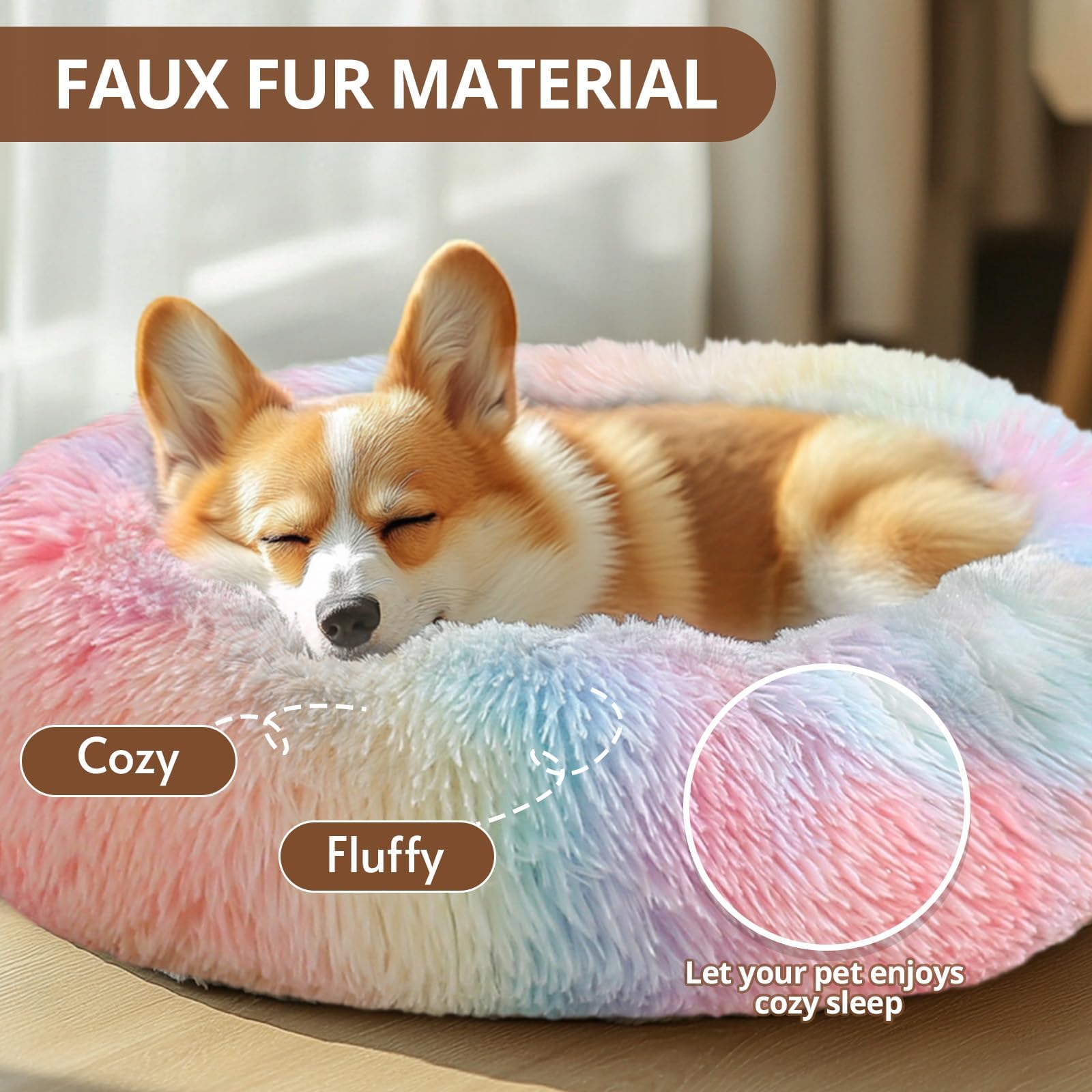 Jollyvogue Medium Calming Dog Bed, Anti-Anxiety Donut Cuddler Cat Bed With Anti-Slip Bottom, Fluffy Faux Fur Machine Washable Pe