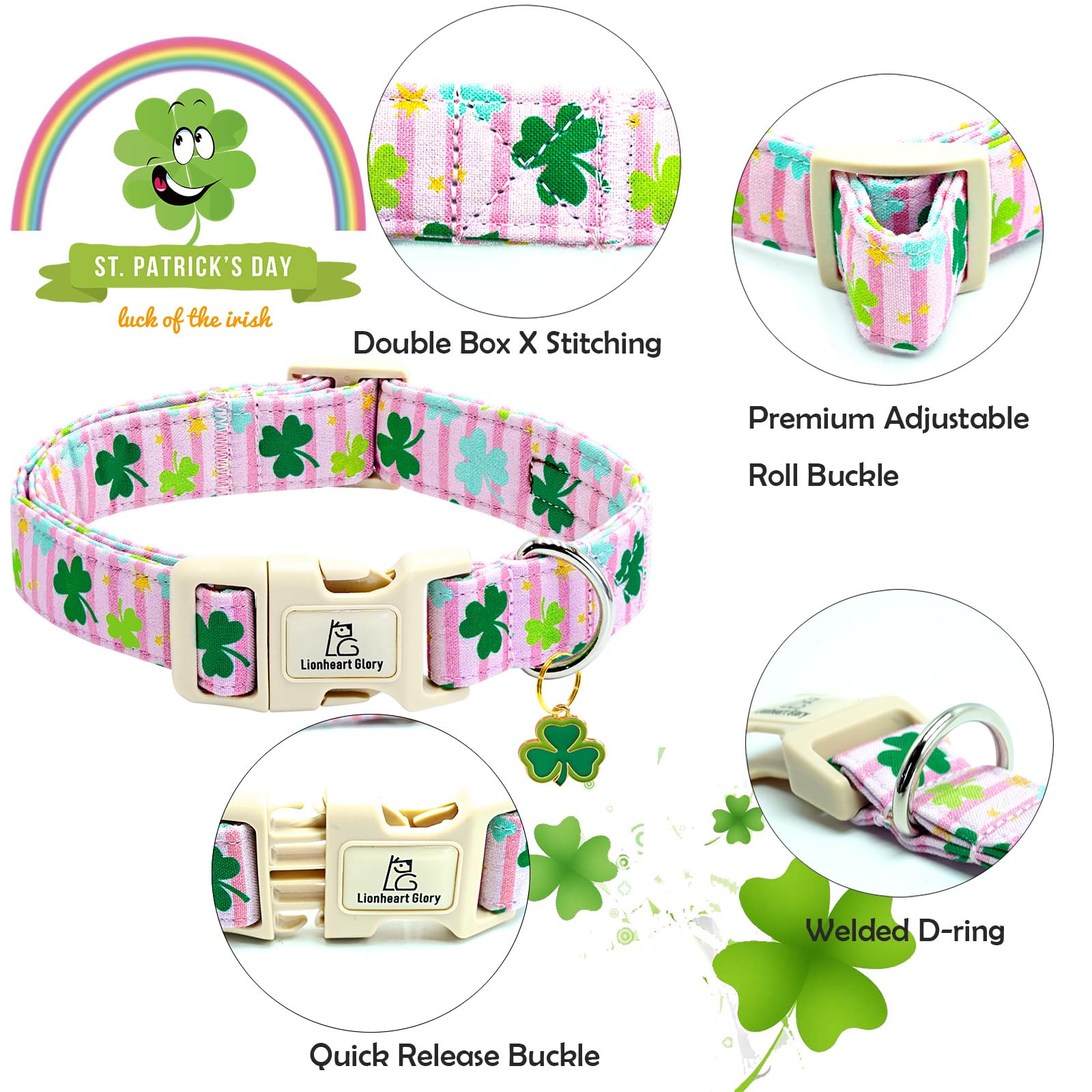 Lionheart Glory St. Patrick Dog Collar-Lucky Clover Shamrock Pink Collars For Large Dogs Spring Female Trefoil Dog Collar Adjust