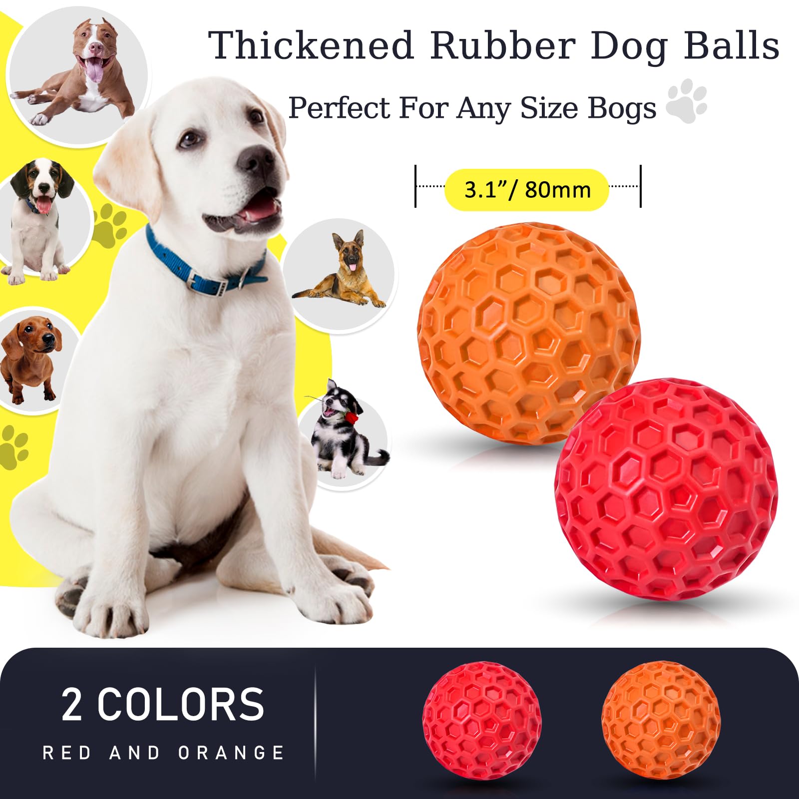 Cheodin 2 Pack Indestructible Squeaky Dog Balls For Aggressive Chewers, Durable Rubber Chew Toys For Teething, Anxiety Relief Pe
