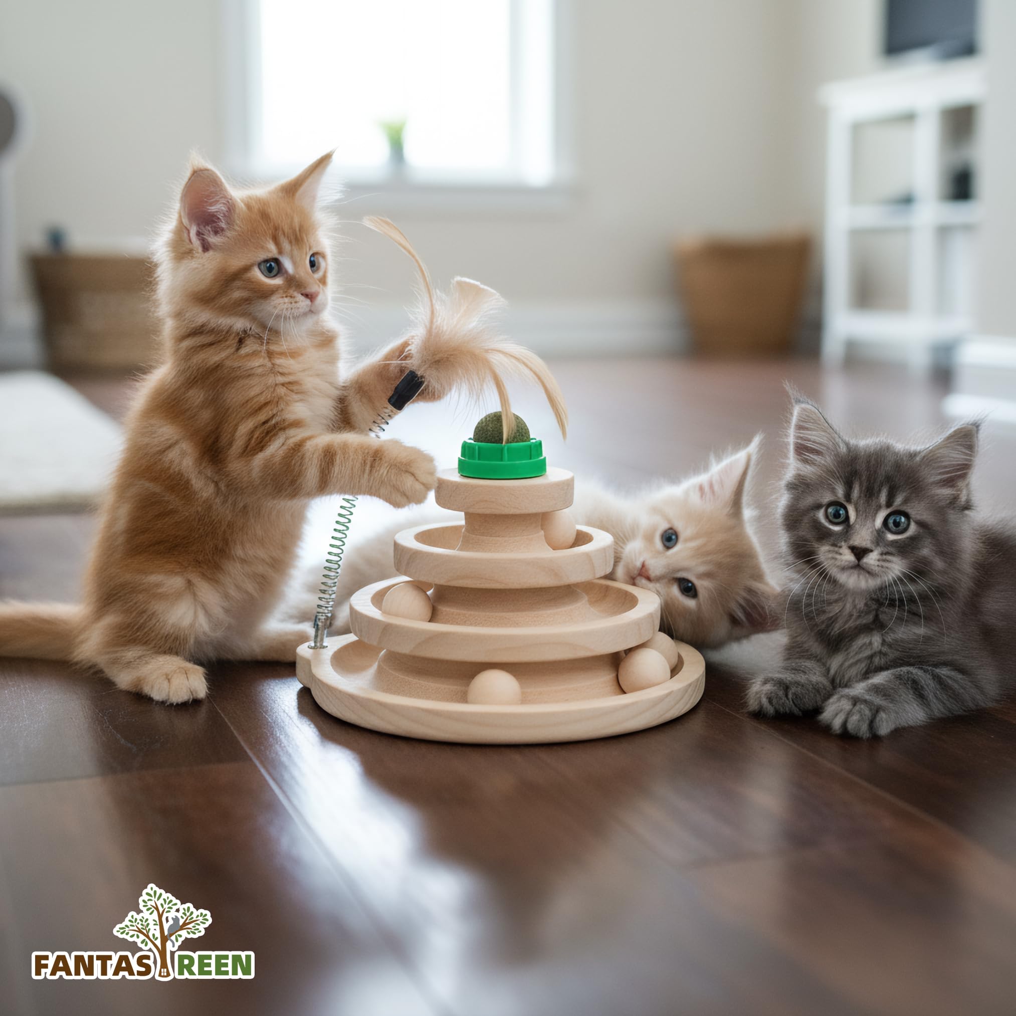 Fantasreen Wooden Cat Track Toy with Large Catnip Ball, Metal Bell Ball, 3-Level Interactive Tower for Indoor Cats, No Paint Saf