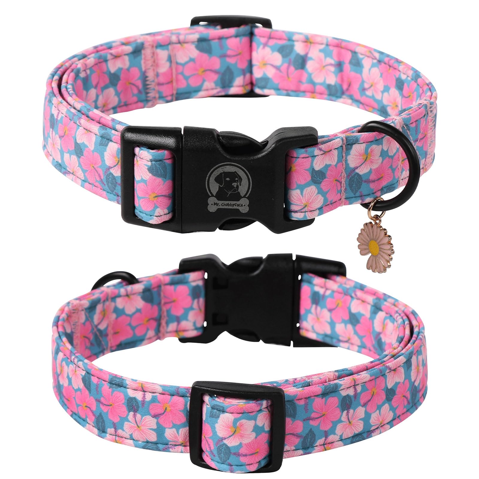 Mr.Chubbyface Pink Floral Dog Collar, Cute Flower Pet Collar With Adjustable Heavy-Duty Buckle, Flower Pattern Puppy Collar For