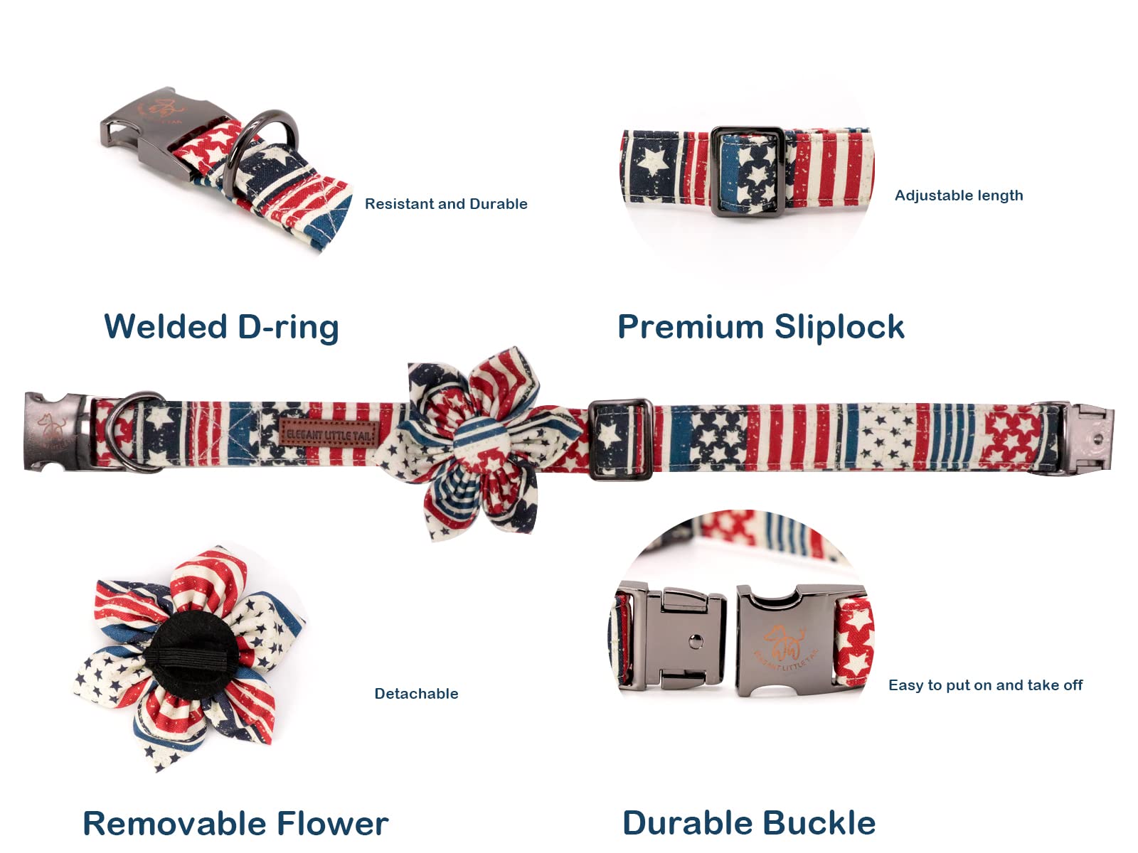 Elegant Little Tail Us Flag Dog Collar, Cute Detachable Dog Collar With Flower, Gift Pet Collar Adjustable Dog Collar For Large