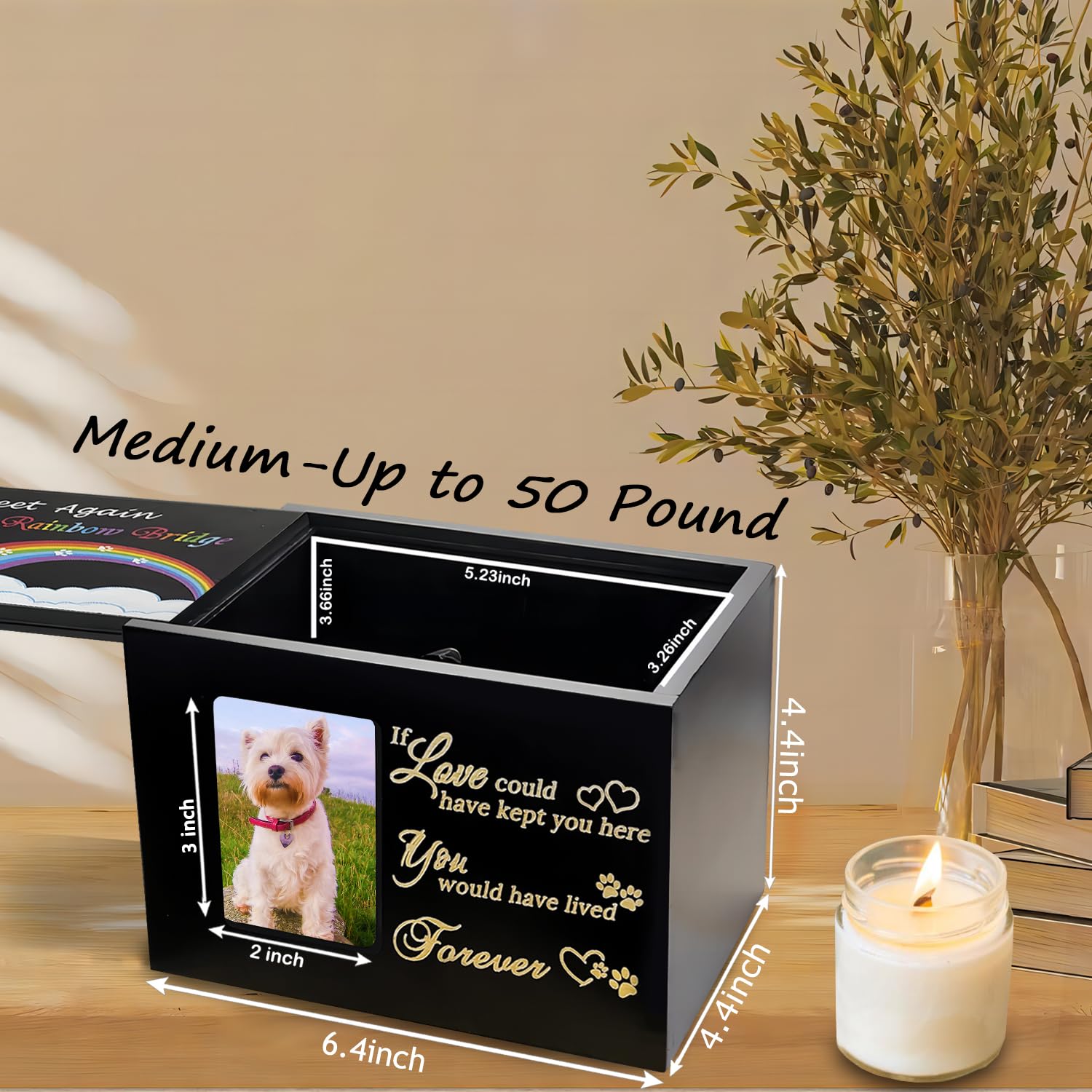 Sofunii Pet Urns For Dogs Or Cats Ashes,Medium Wooden Funeral Cremation Memorial Box With Photo Frame,Rainbow Bridge Keepsake Wi