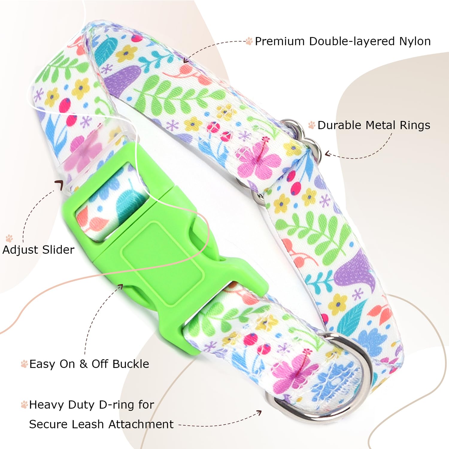 Dog Collar For Medium Dogs, Summer Floral Dog Collar With Green Flowers Patterns, Adjustable Soft Pet Collar For Small Medium La