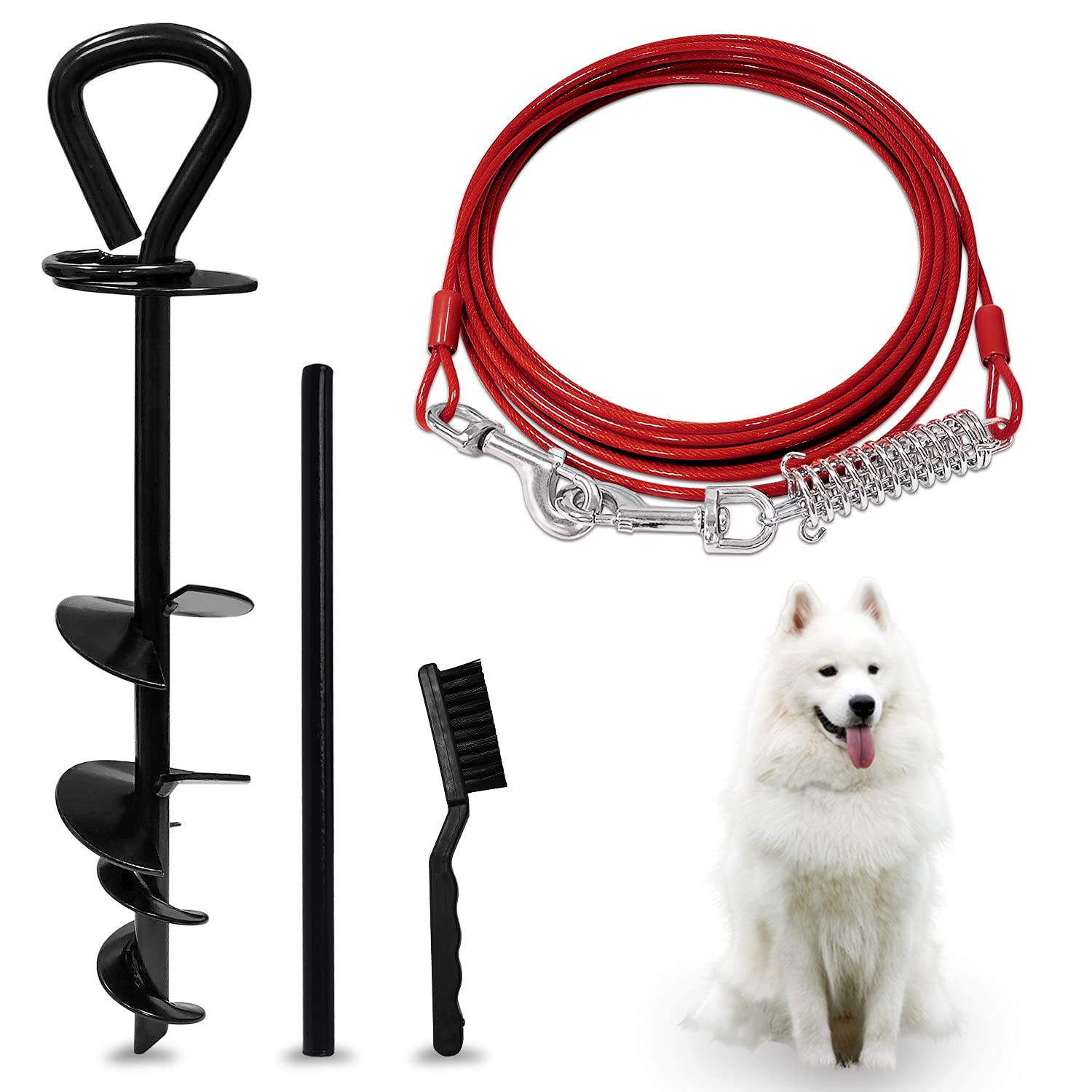 Shunai Dog Tie Out Cable And Stake - 30 Ft Heavy Dog Yard Leash - O Style Stake For Small Medium Large Dogs Up To 100 Lbs - Dog Stake For Outside Yard Beach Lawn