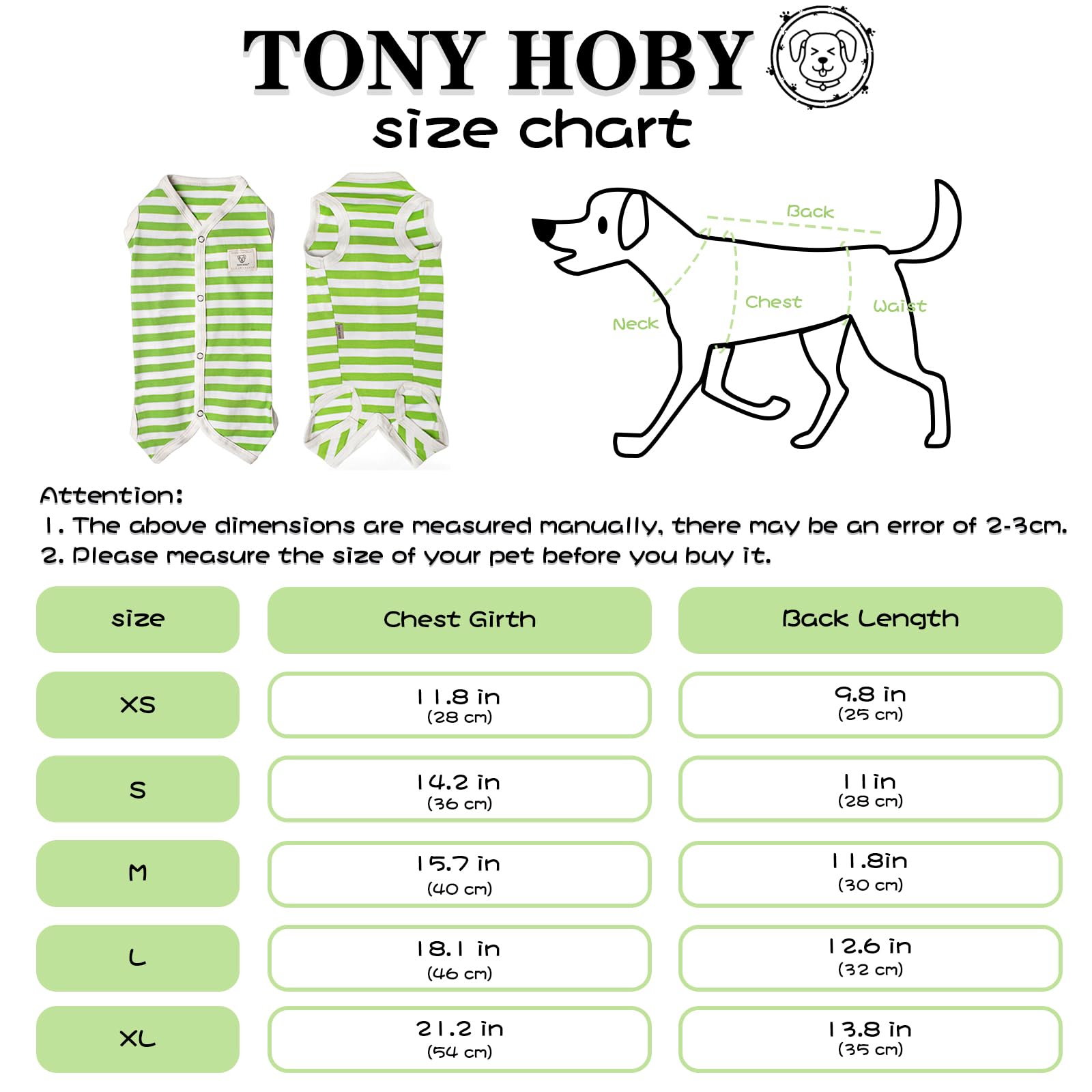 Tony Hoby Dog Summer Sleeveless Pajamas, Dog Jumpsuit With Stripes (White&Green, S)