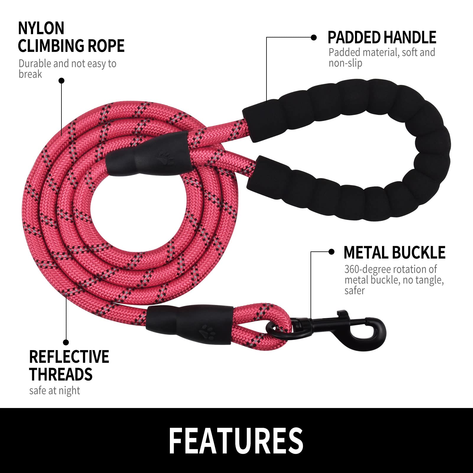 Panykoo 5 Ft Strong Pet Dog Leash With Highly Reflective Threads,360-Degree No Tangles And Comfortable Padded Handle,Suitable For Small,Medium And Large Dogs