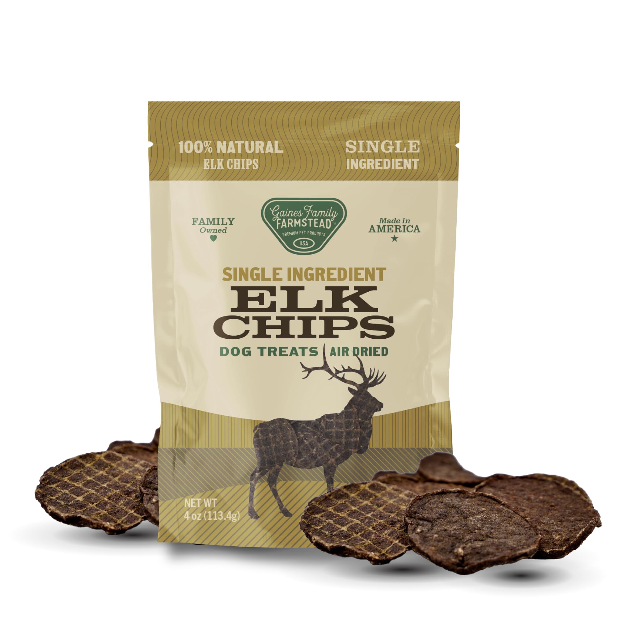 Gaines Family Farmstead Elk Chips for Dogs - 4 oz Natural High-Protein Dog Treats, Rawhide-Free Chews Made in USA - Healthy, Sin