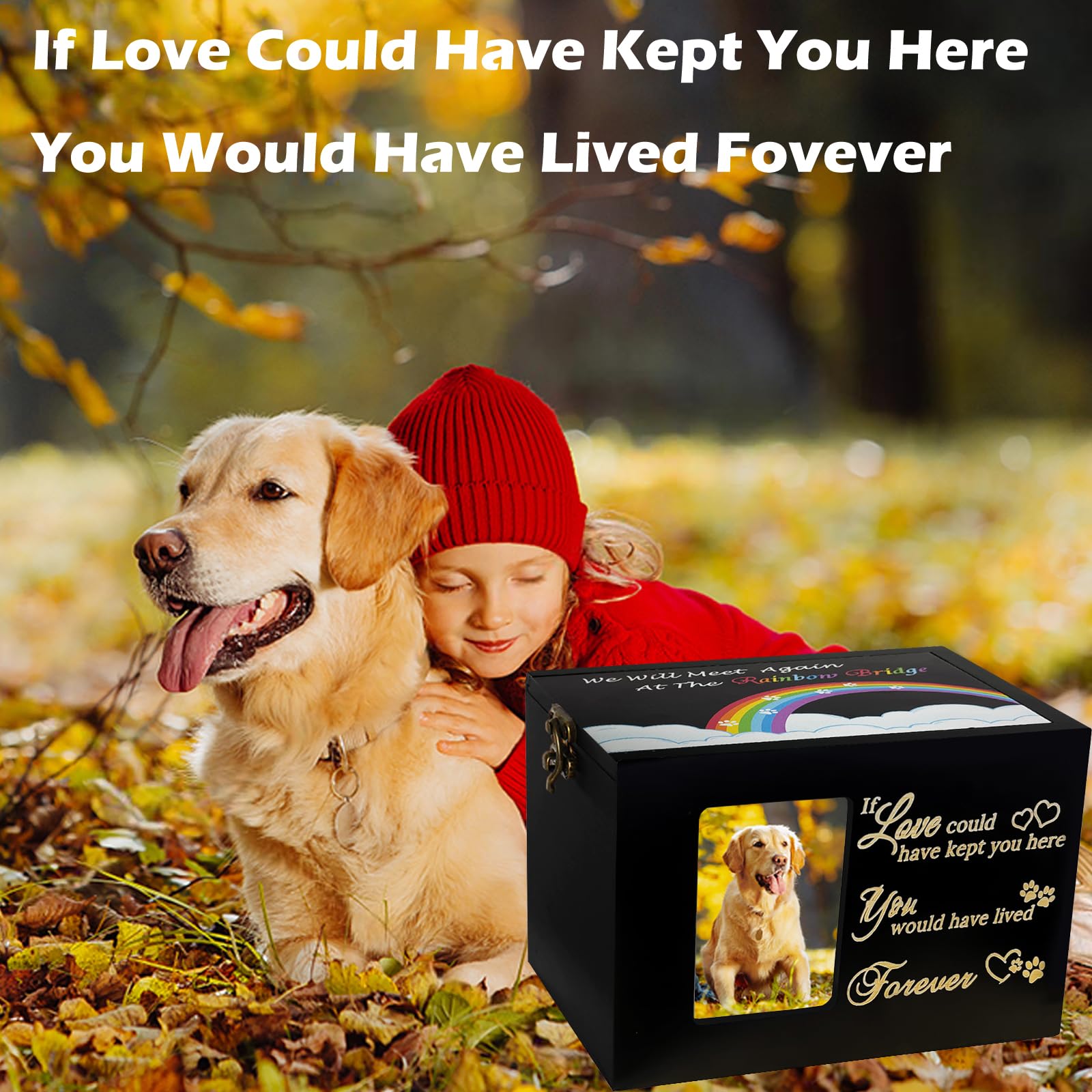 Sofunii Pet Urns For Dogs Or Cats Ashes,Medium Wooden Funeral Cremation Memorial Box With Photo Frame,Rainbow Bridge Keepsake Wi