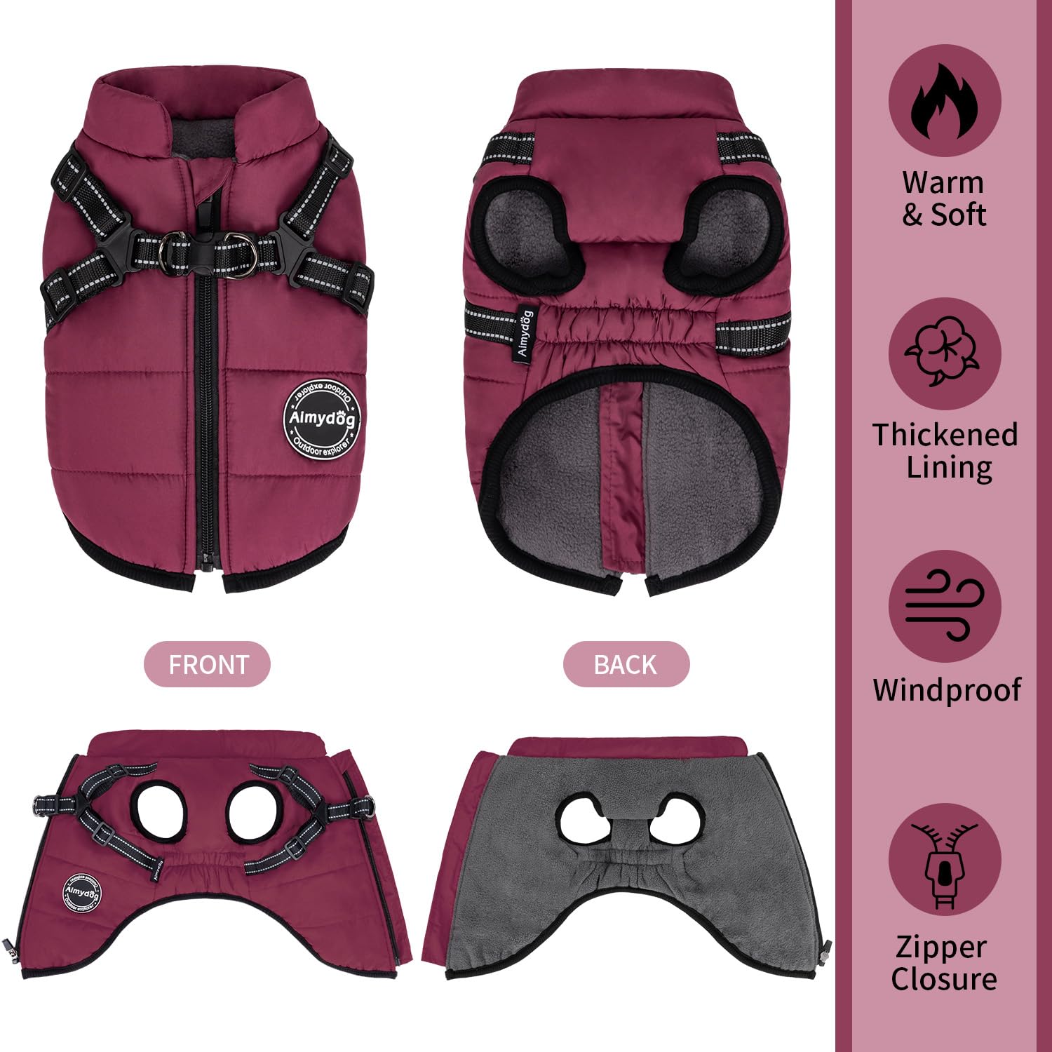 Aimydog Warm Dog Winter Coat, Fashion Sports Dog Cold Weather Jacket With Built-In Harness, Reflective & Adjustable Comfortable