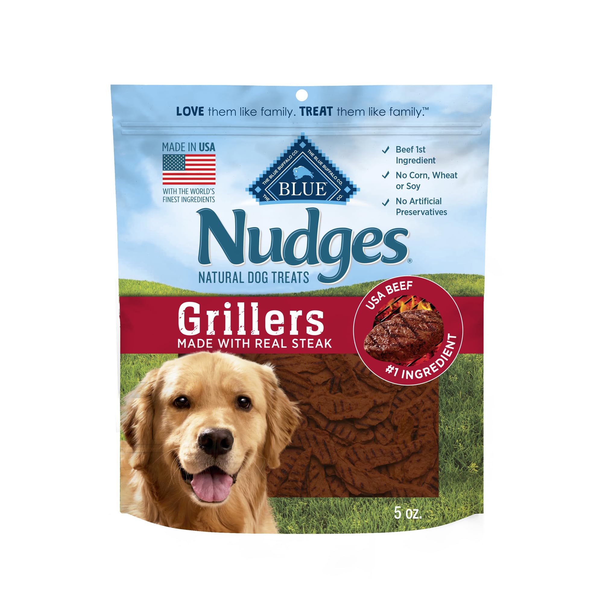 Blue Buffalo Nudges Grillers Natural Dog Treats, Made in the USA with Real Steak, 5-oz Bag