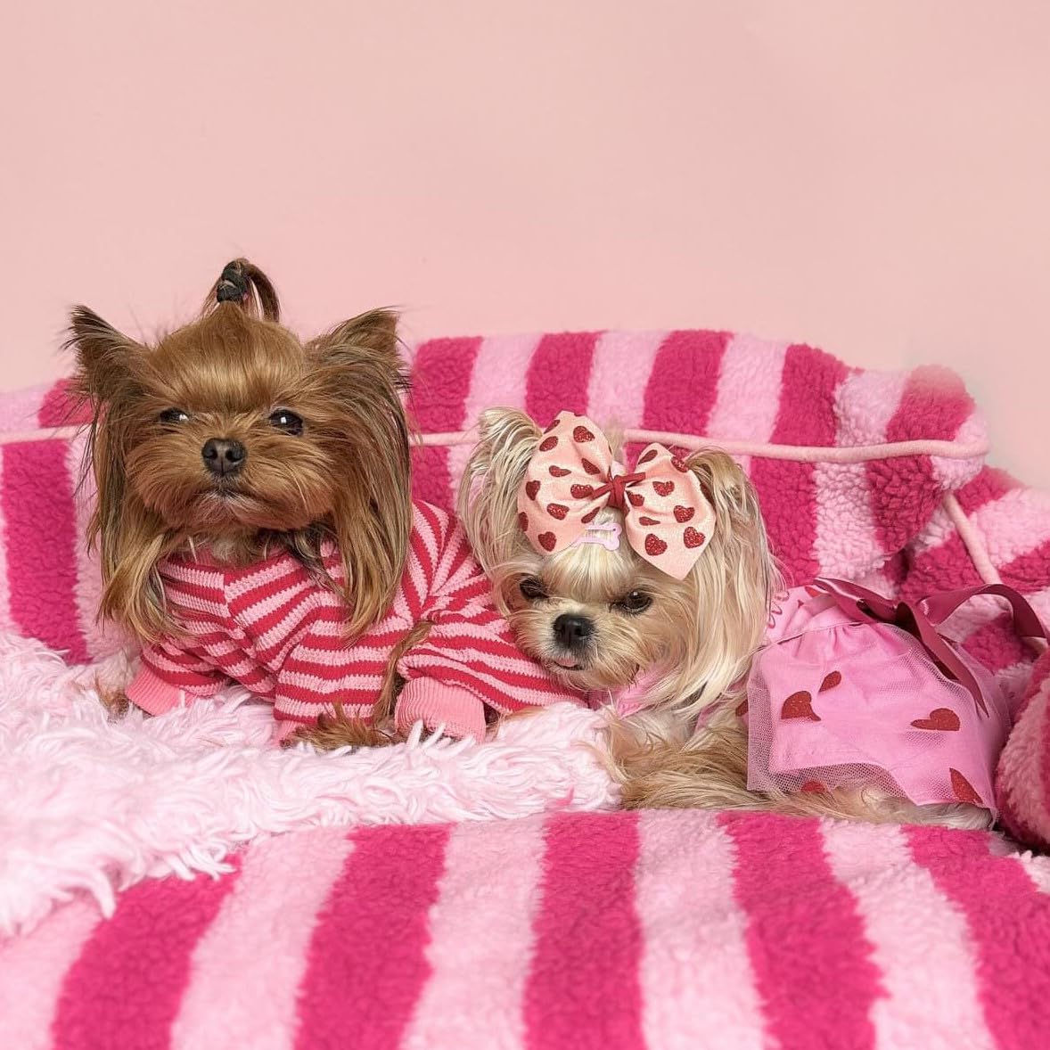 Fitwarm Dog Pajamas - Light Pink & Red Striped Waffle Onesie, Large, for Small Dogs and Puppies, Model B1339