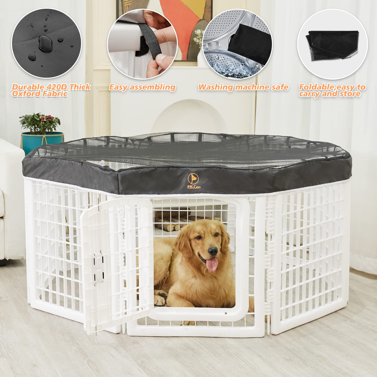 Pjyucien Dog Playpen Mesh Top Cover, Fits 24 Inch 8 Panels Regular Octagon Plastic Exercise Pet Pen, Adhesive Tape Connections,