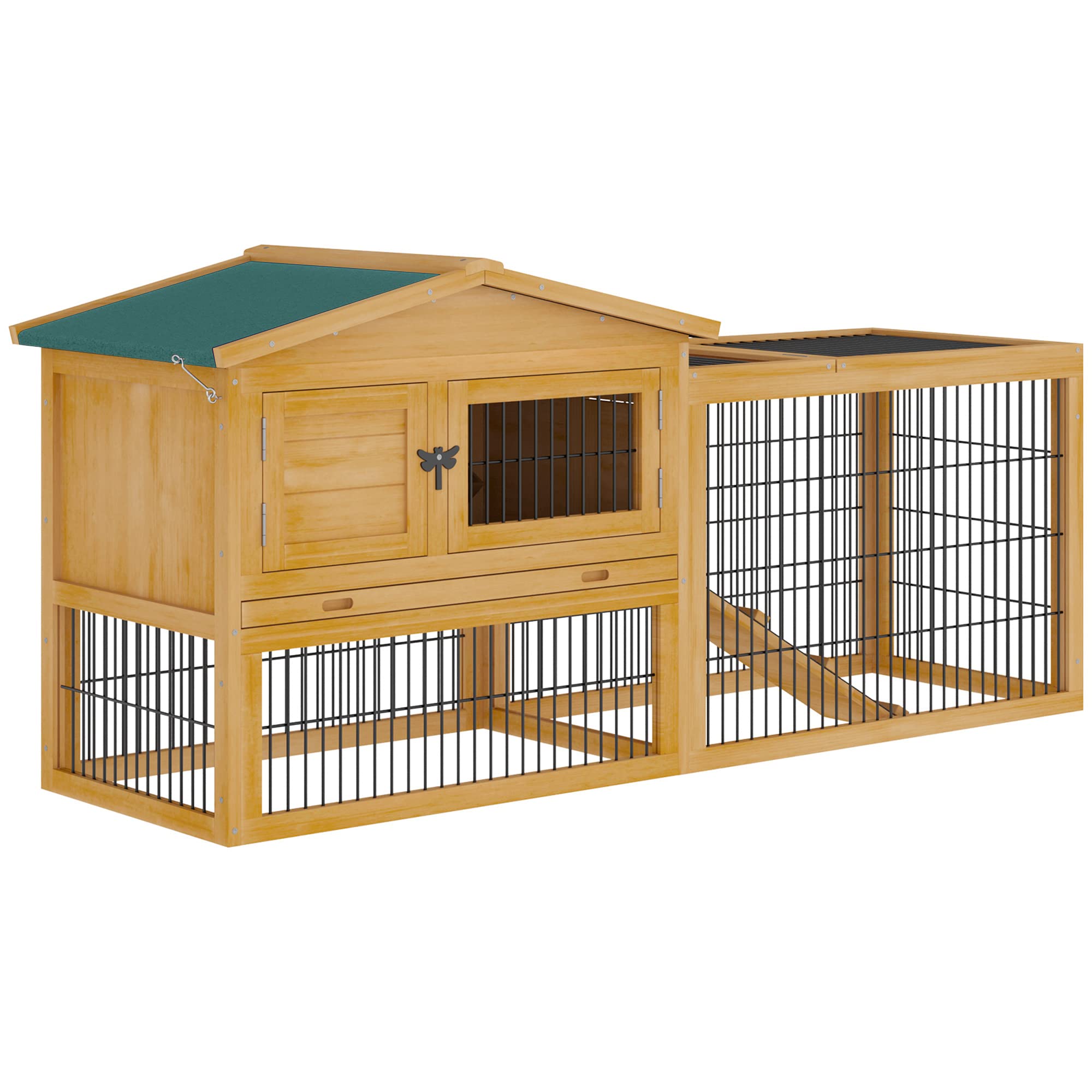 Pawhut Rabbit Hutch, 2 Story Outdoor Bunny Cage With Slide-Out Tray, Run Cage, Openable Top For Rabbits, Guinea Pig, Yellow