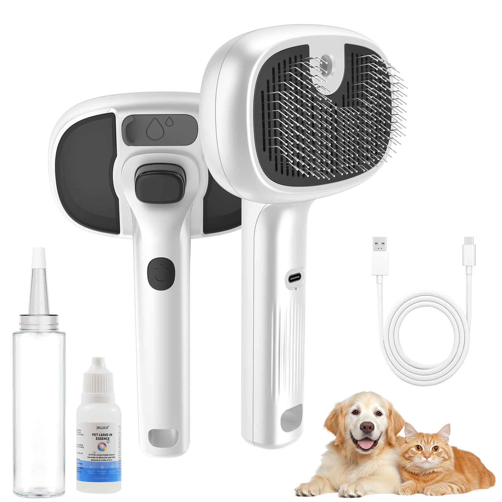 Pet Steam Brush For Cat And Dog,4In1 Grooming Tool With 2 Water Spray,Cat Hair Brush For Long & Short Haired Pets,Dog Brush Fo