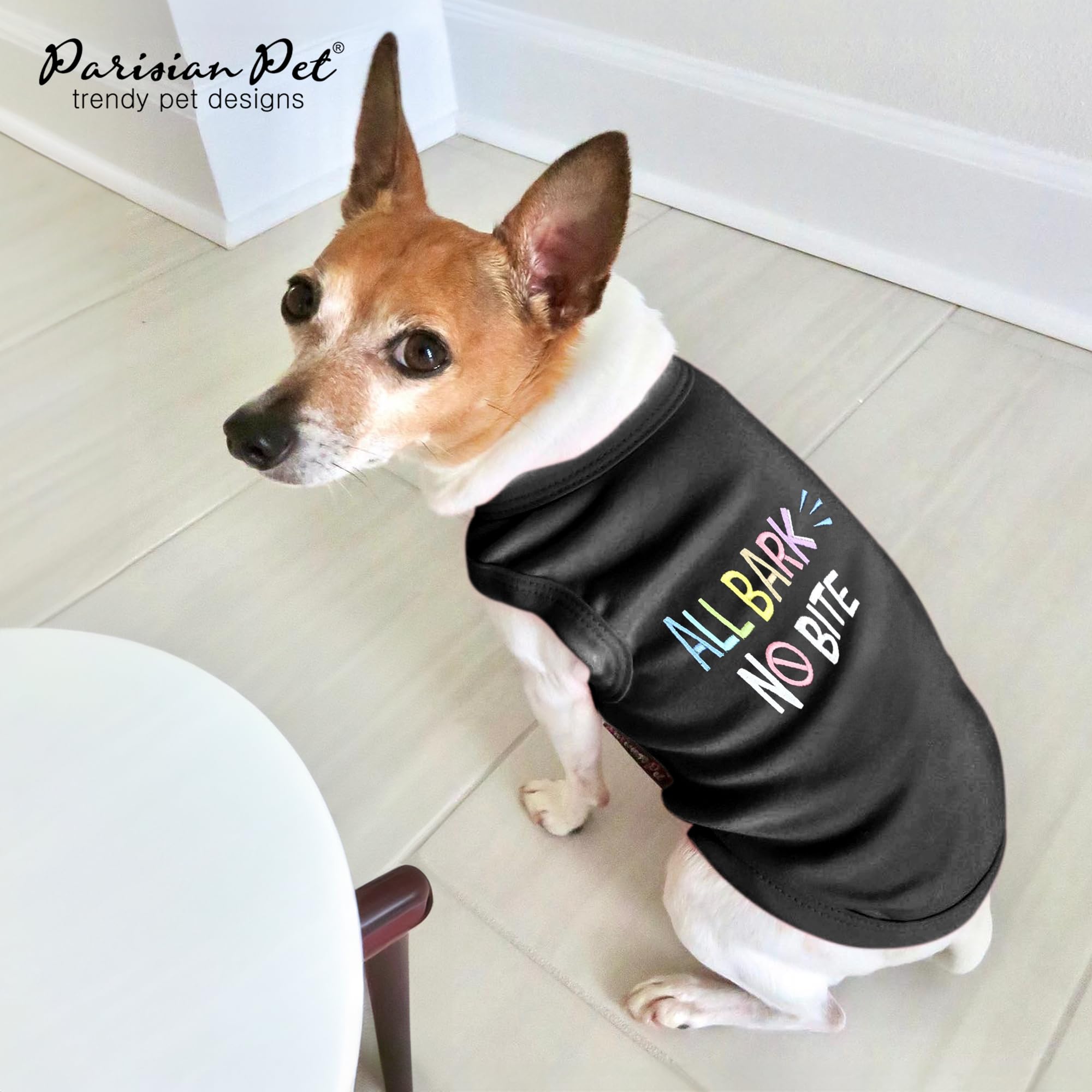 Parisian Pet Dog T-Shirt - Embroidered ' All Bark No Bite ' 100% Cotton, Dog Clothes - Sleeveless Pet Vest - Machine Washable Dog Shirt For Large Dogs 3Xl