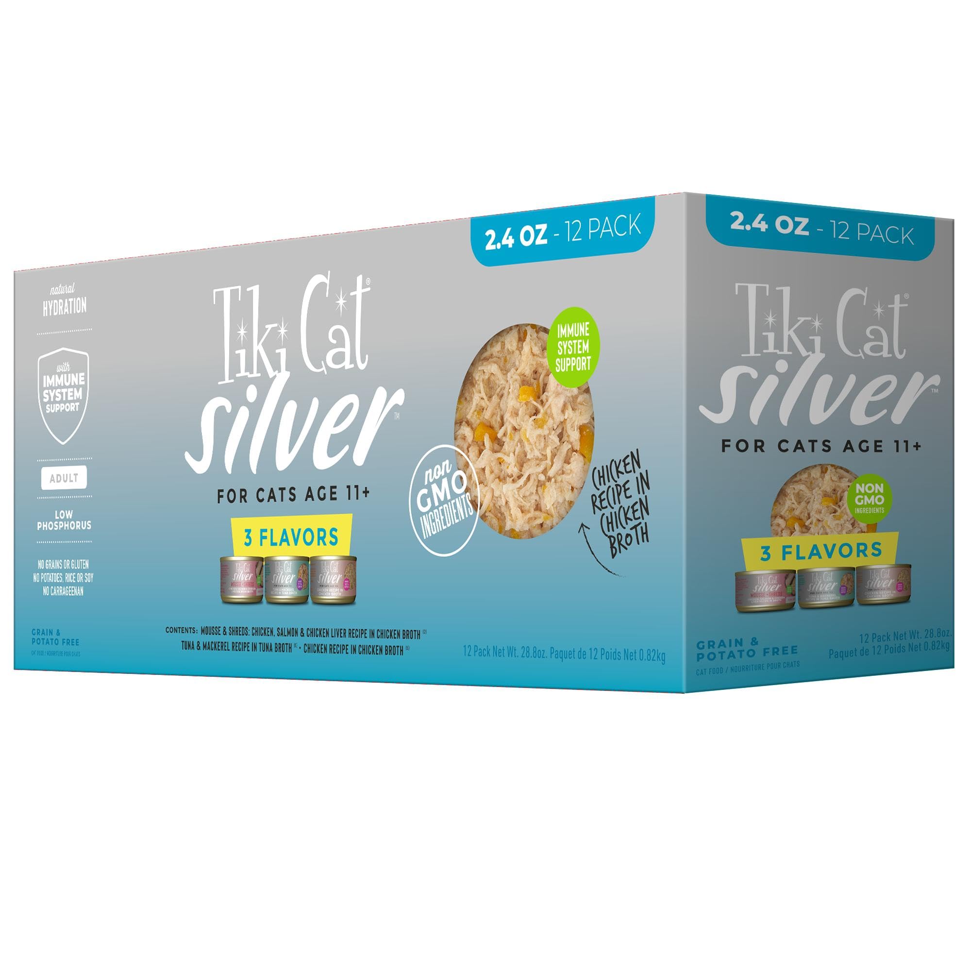 Tiki Cat Silver Variety Pack, Immune System Support Formulated for Older Cats Aged 11+, Senior Wet Cat Food, 2.4 oz. Can (12 Cou